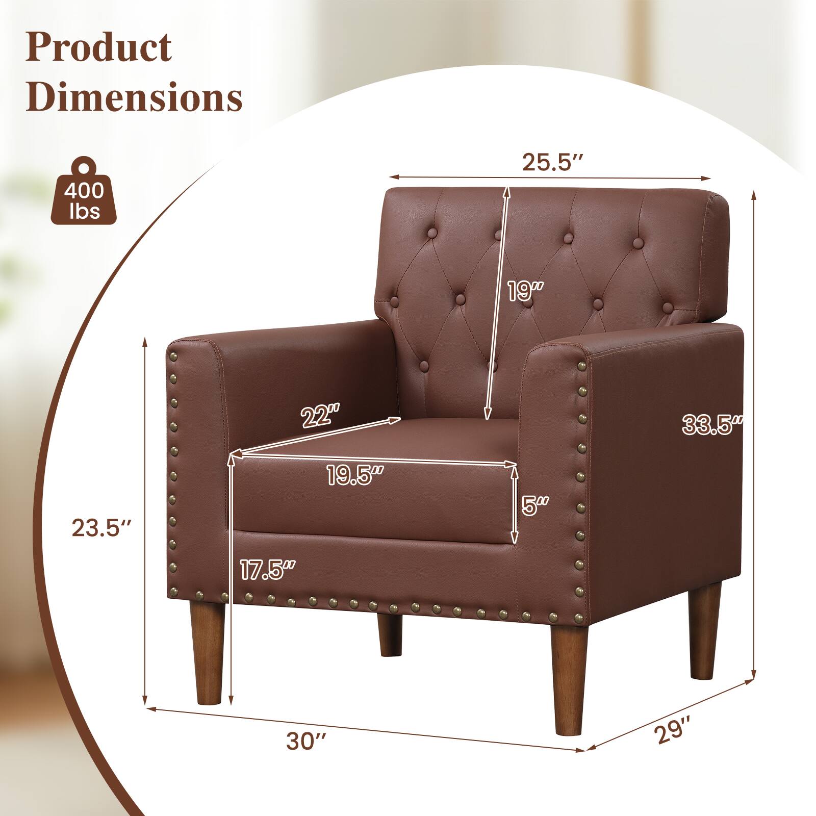 Product Dimensions
400 lbs
25.5"
19"
22"
33.5"
23.5"
19.5"
5"
17.5"
30"
29"
