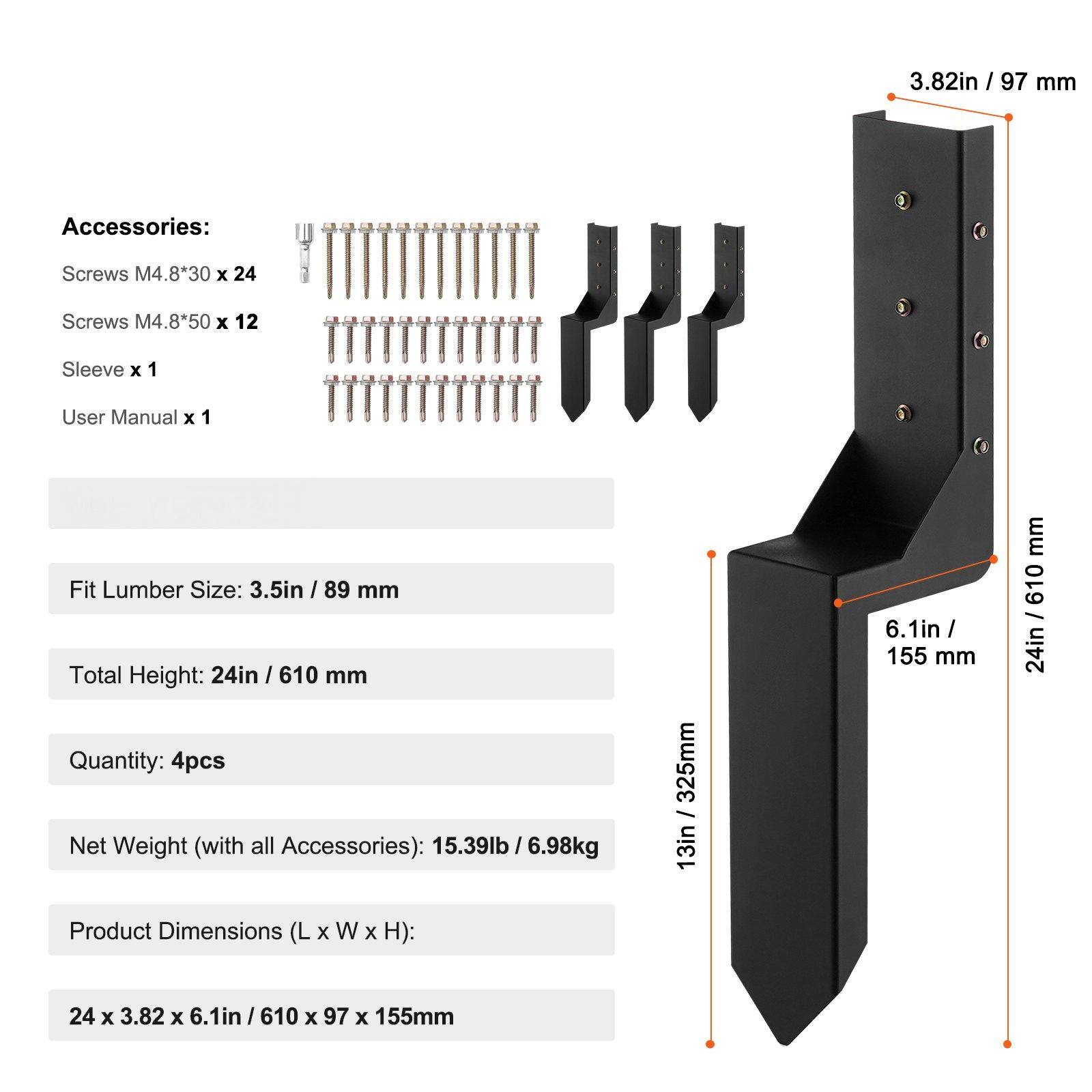 **Accessories:**
- Screws M4.8*30 x 24
- Screws M4.8*50 x 12
- Sleeve x 1
- User Manual x 1

**Fit Lumber Size:** 3.5in / 89 mm

**Total Height:** 24in / 610 mm

**Quantity:** 4pcs

**Net Weight (with all Accessories):** 15.39lb / 6.98kg

**Product Dimensions (L x W x H):** 24 x 3.82 x 6.1in / 610 x 97 x 155mm

**Additional Dimensions:**
- 3.82in / 97 mm
- 6.1in / 155 mm
- 13in / 325mm