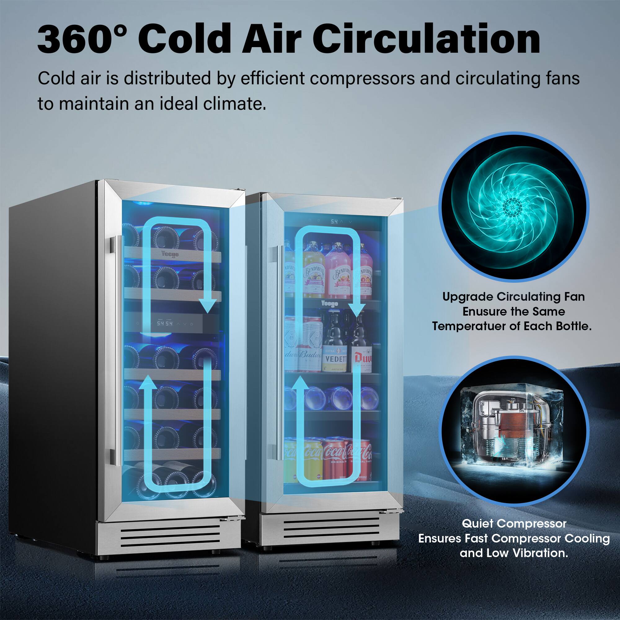 360° Cold Air Circulation

Cold air is distributed by efficient compressors and circulating fans to maintain an ideal climate.

Upgrade Circulating Fan  
Ensure the Same Temperature of Each Bottle.

Quiet Compressor  
Ensures Fast Compressor Cooling and Low Vibration.