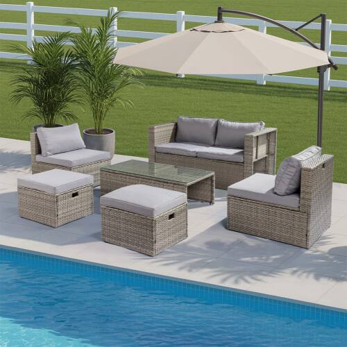Alt View 9. Winado - 6PCS Patio Rattan Wicker Furniture Set w/ Ottoman, Coffee Table Sectional Nested Design for In/Outdoor Poolside Backyard - Gray.