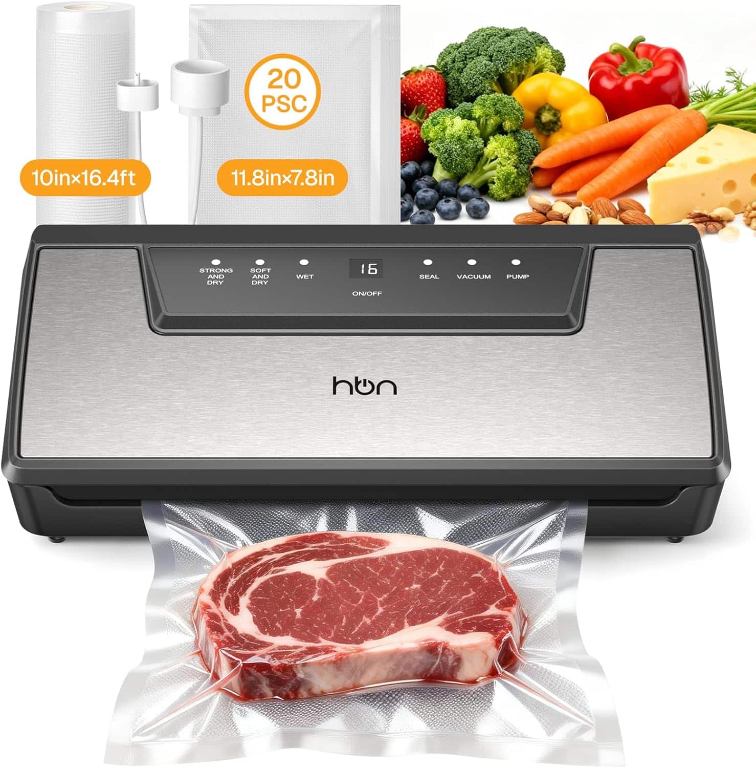 HBN - Vacuum Sealer Machine, Auto Commercial, Built-in Cutter & Storage, Hands-Free Lid, Stainless Steel - Silver and Black