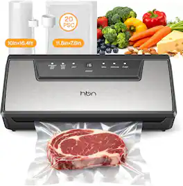 HBN - Vacuum Sealer Machine, Auto Commercial, Built-in Cutter & Storage, Hands-Free Lid, Stainless Steel - Silver and Black