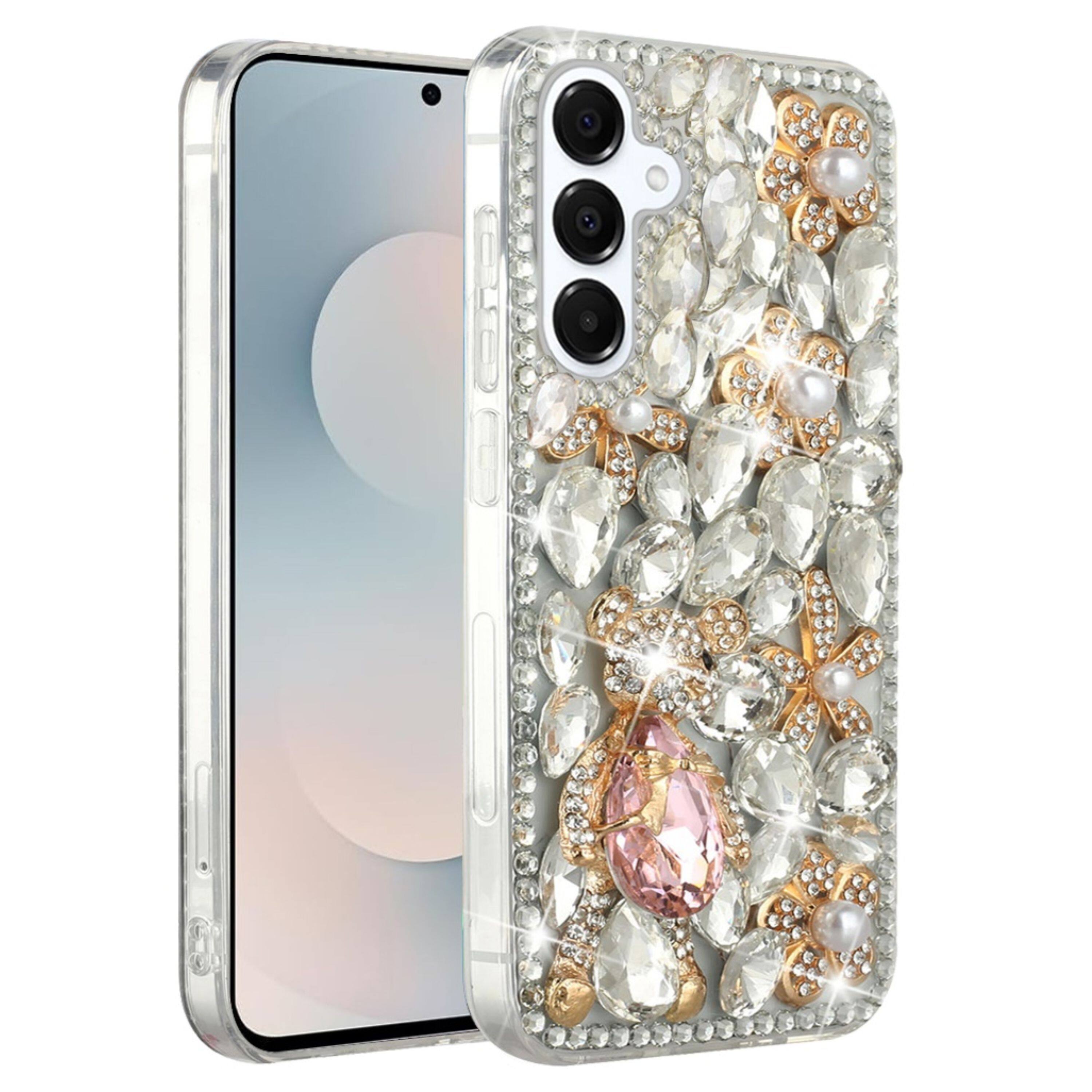 Angle. Kitcheniva - Full Diamond Bling 3D Jewel Ornaments Plus Tempered Glass For Samsung S25 FE Silver Panda Floral - Multicolor.