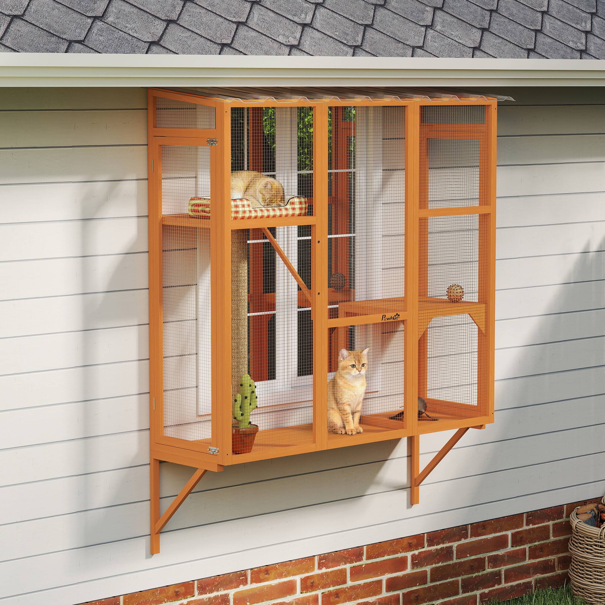 Alt View 1. Pawhut - Outdoor, Window Catio for 2-3 Large Indoor Cats w/ 2 Jumping Platforms, Scratching Post - Orange.