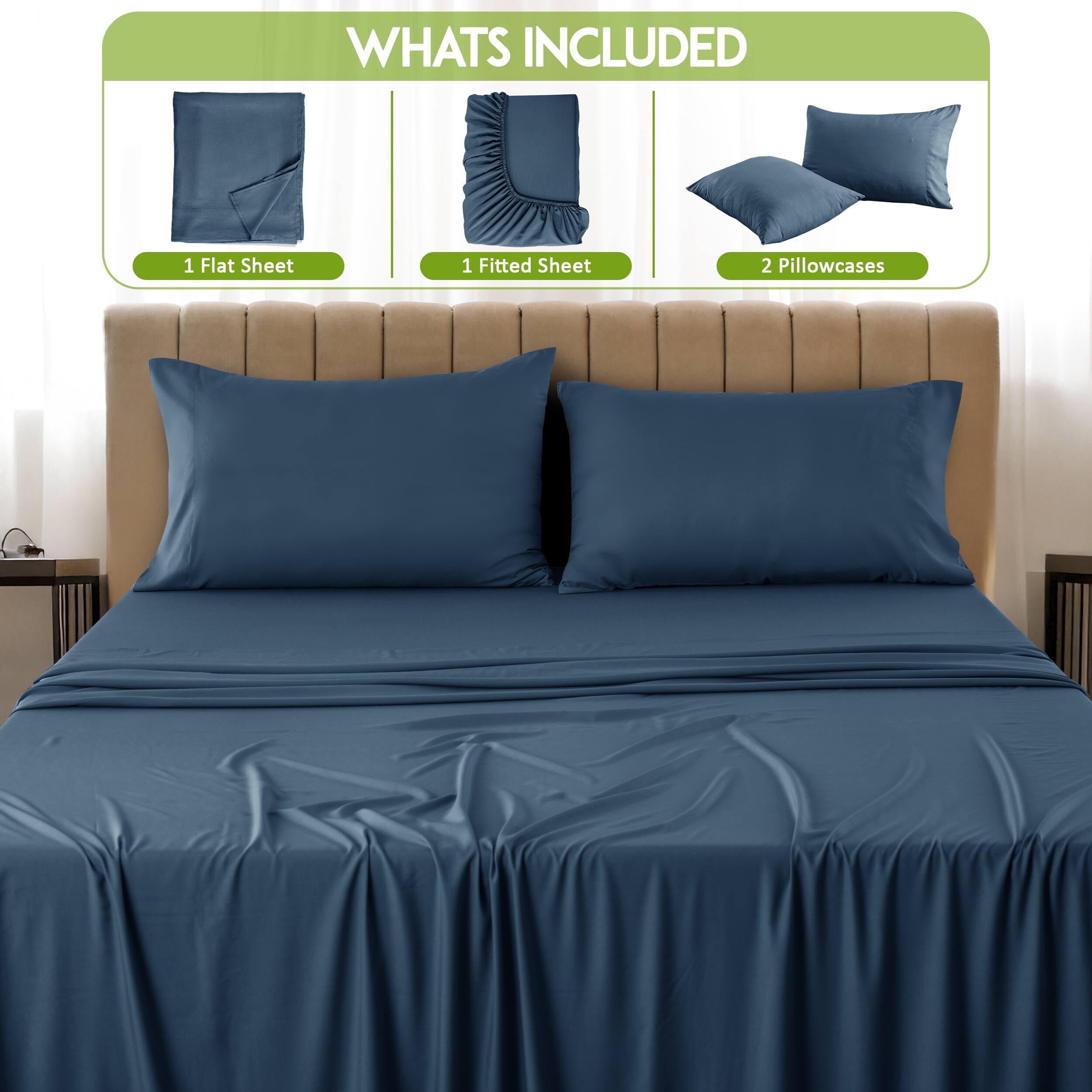 What's Included

1 Flat Sheet  
1 Fitted Sheet  
2 Pillowcases