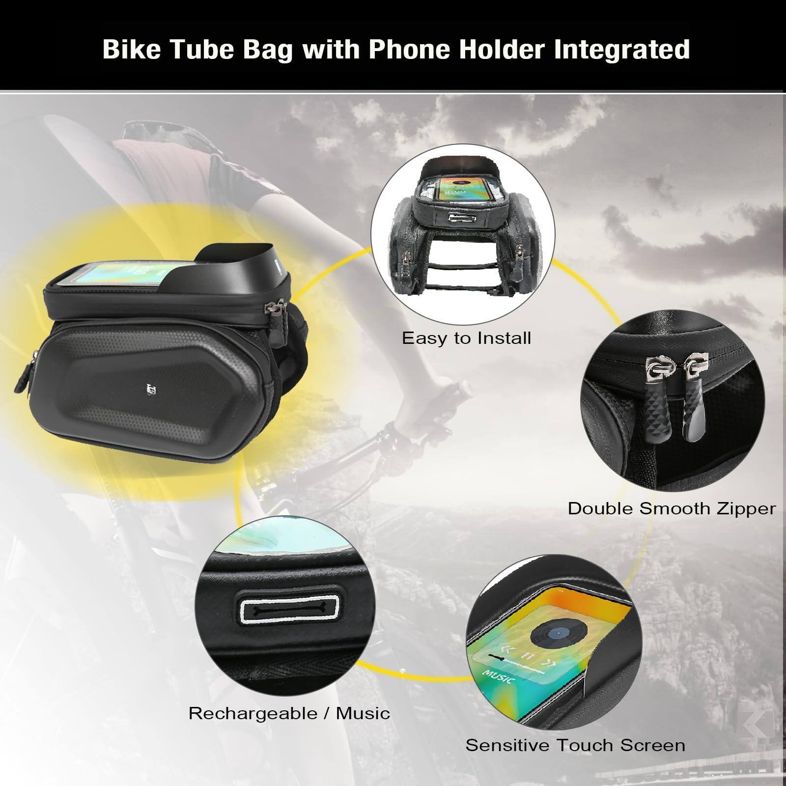 Bike Tube Bag with Phone Holder Integrated

- Easy to Install
- Double Smooth Zipper
- Rechargeable / Music
- Sensitive Touch Screen