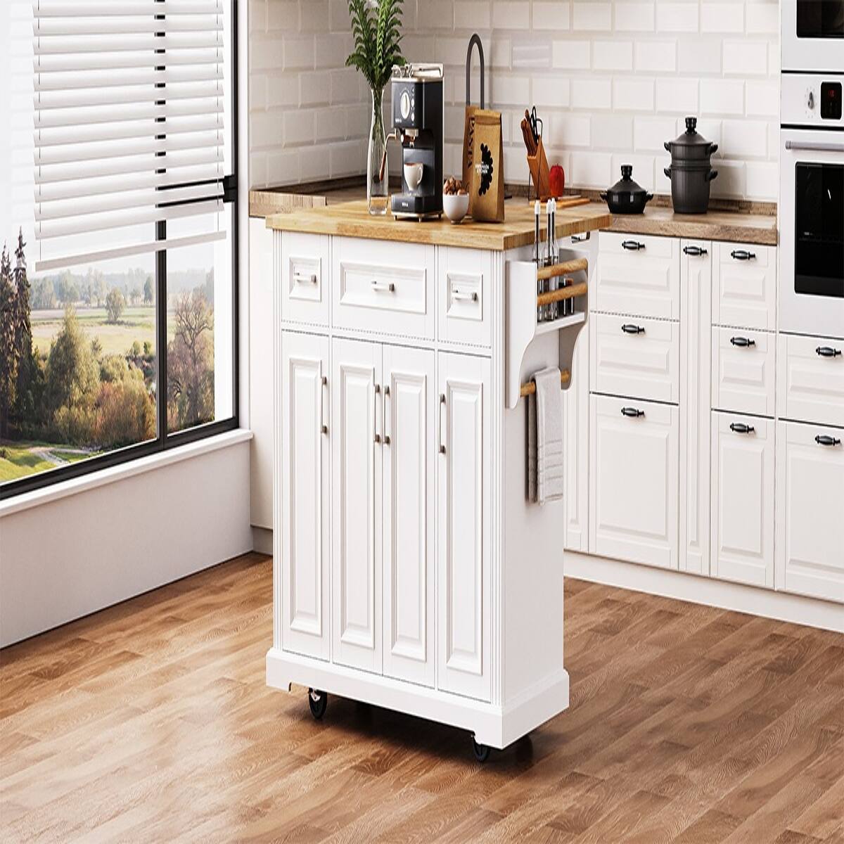 Alt View 2. Loheer - Loheer 54 inch kitchen island on wheels White Rubber Wood Top - White.