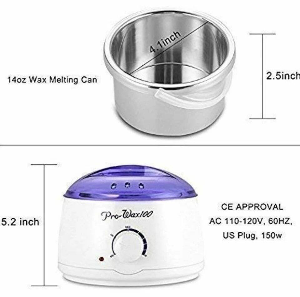 4. 14oz Wax Melting Can  
- Diameter: 4.1 inch  
- Height: 2.5 inch  

Pro-Wax100  
- Height: 5.2 inch  

CE APPROVAL  
AC 110-120V, 60HZ, US Plug, 150w