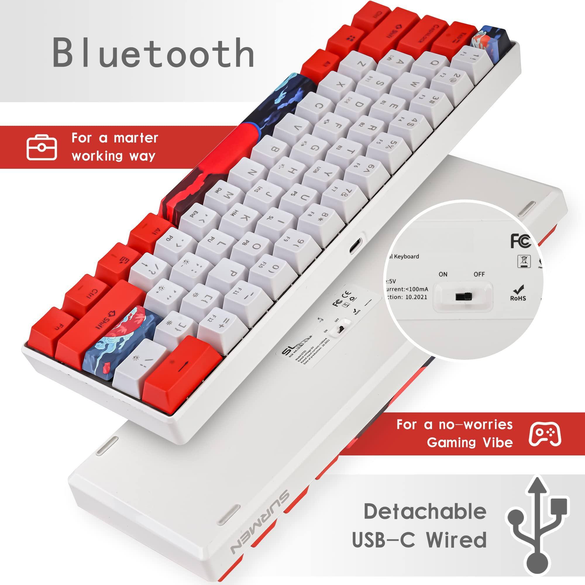 Sure, here is the corrected and grouped text from the image:

---

**Bluetooth**

For a smarter working way

---

**For a no-worries Gaming Vibe**

---

**Detachable USB-C Wired**

---

**FC**

---

**Keyboard**

- ON
- OFF

- 5V
- Current: ≤100mA

- Version: 10.2021

- RoHS

---

**SUNMEN**

---