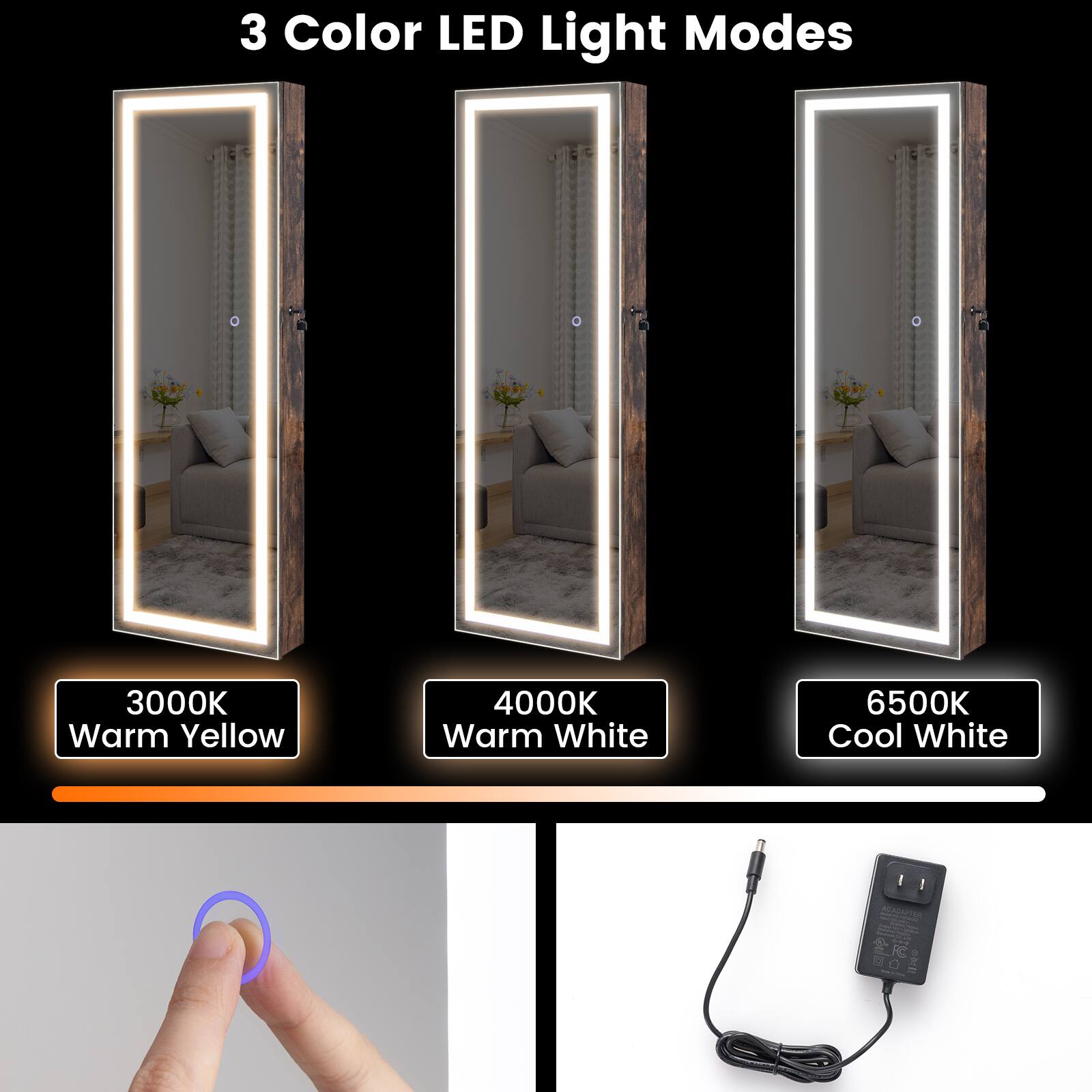 3 Color LED Light Modes  
- 3000K Warm Yellow  
- 4000K Warm White  
- 6500K Cool White