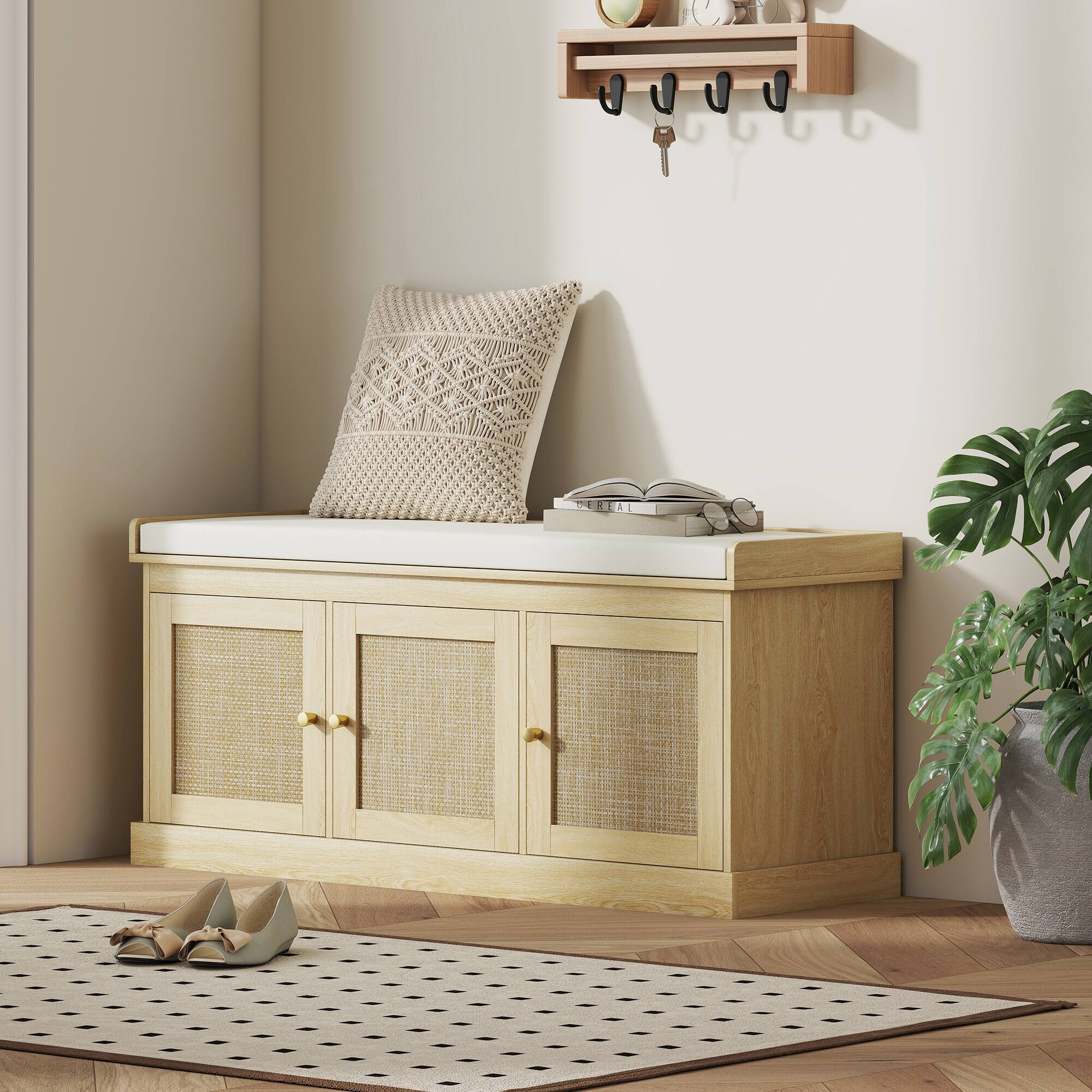 Alt View 1. Homcom - Storage Bench with Woven Rattan Doors, Shoe Bench with Cushion, Adjustable Shelves, Entryway Bench - Oak.