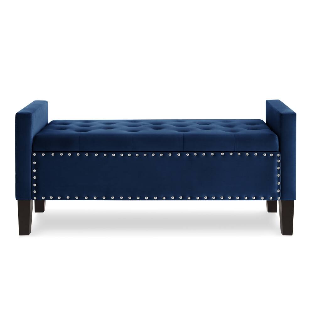 Left. Ropilly - Ropilly Upholstered Tufted Storage Bench with Armrests, Navy Velvet Entryway Bed Bench with Nailhead Trim, 48 Inch - Navy.