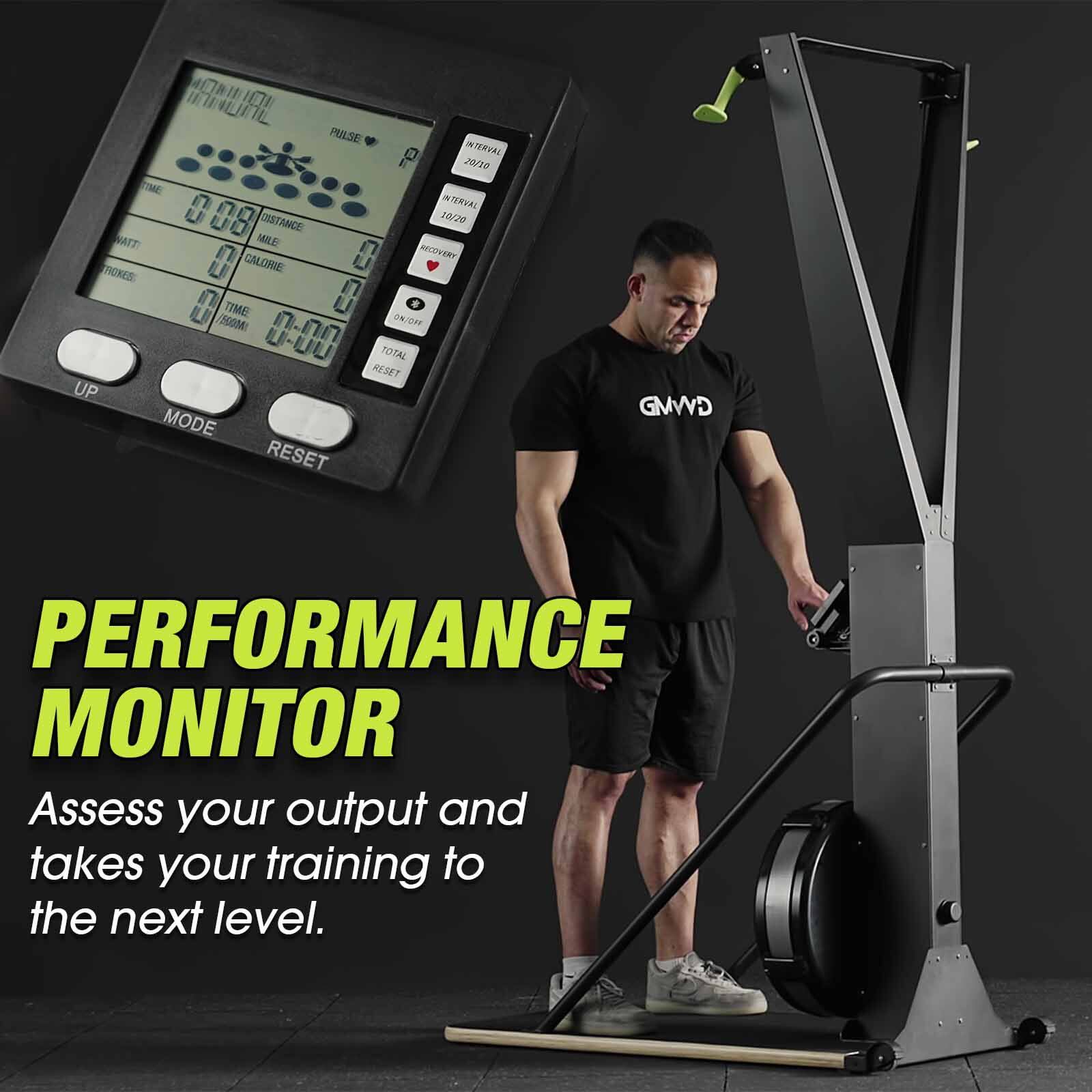 IHI 100 INL PULSE INTERVAL 20/10 OME NTURVAL DISTANCE 10/20 MATZ (6 RECOVERY MORES: CALORIE TIME 500 R2PP TOTAL RESET UP MODE RESET GWMD PERFORMANCE MONITOR

PERFORMANCE MONITOR
Assess your output and takes your training to the next level.