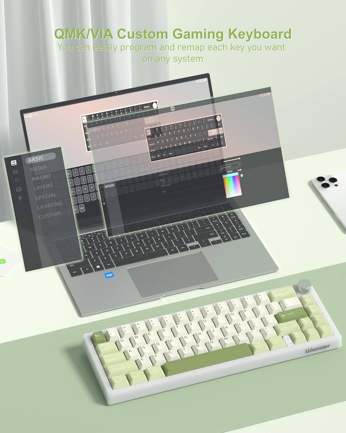 QMK/VIA Custom Gaming Keyboard  
You can easily program and remap each key you want on any system  

BASIC  
MEDIA  
MACRO  
LAYERS  
SPECIAL  
LIGHTING  
CUSTOM  

Enter  
PACO  
Wamier