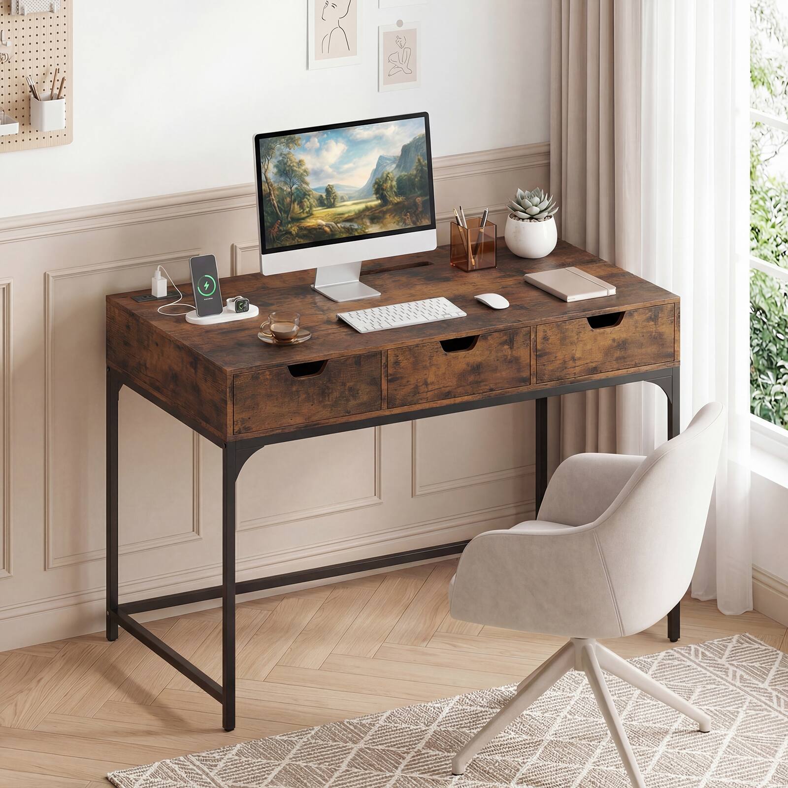 Alt View 1. Costway - Costway Office Desk with Power Outlets,43.5" Modern Writing Desk with Hidden Compartment - Rustic Brown.