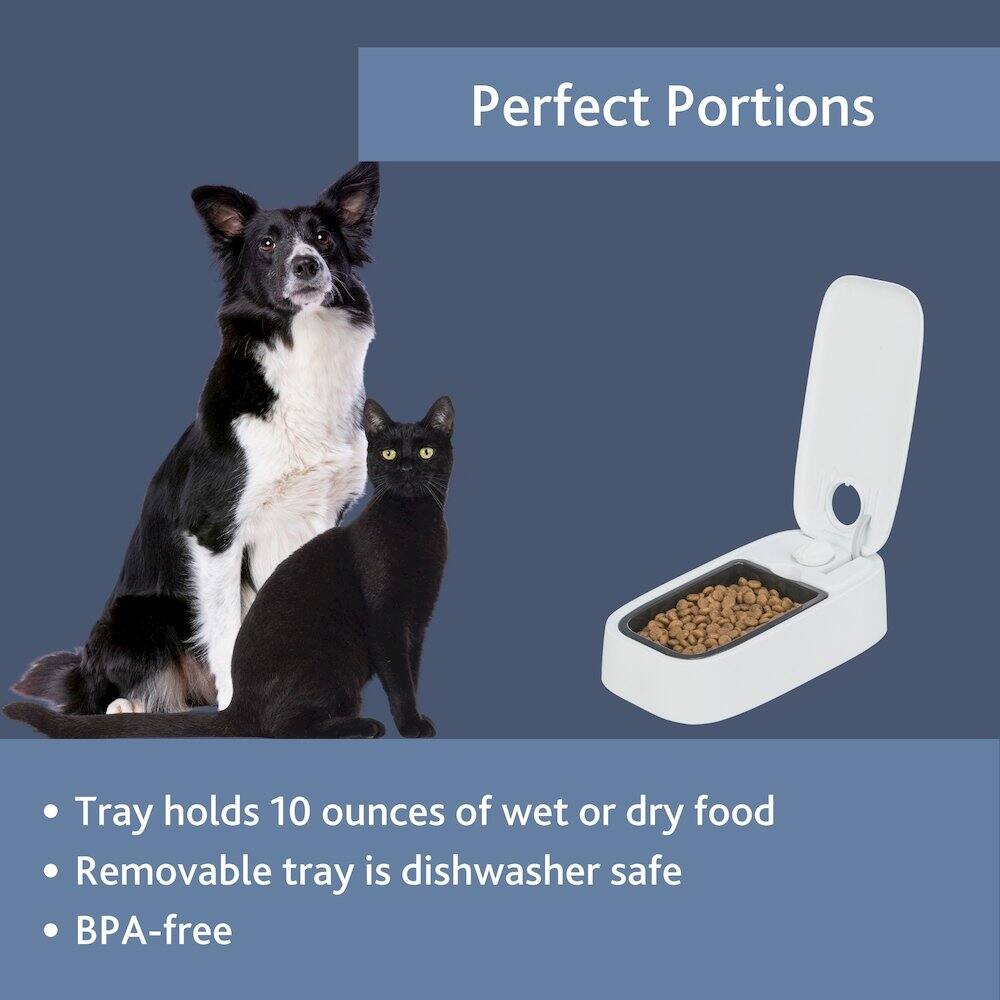 Perfect Portions Tray holds 10 ounces of wet or dry food. Removable tray is dishwasher safe. BPA-free.