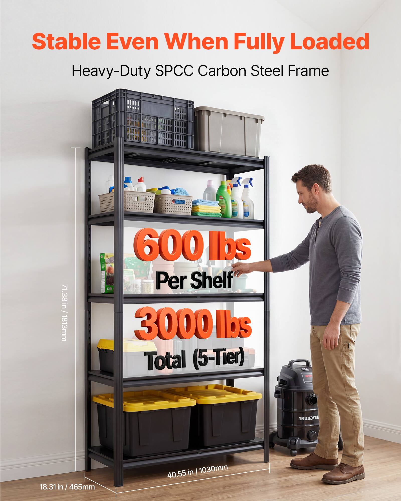 Stable Even When Fully Loaded  
Heavy-Duty SPCC Carbon Steel Frame  
600 lbs Per Shelf  
3000 lbs Total (5-Tier)  
71.38 in / 1813mm  
18.31 in / 465mm  
40.55 in / 1030mm