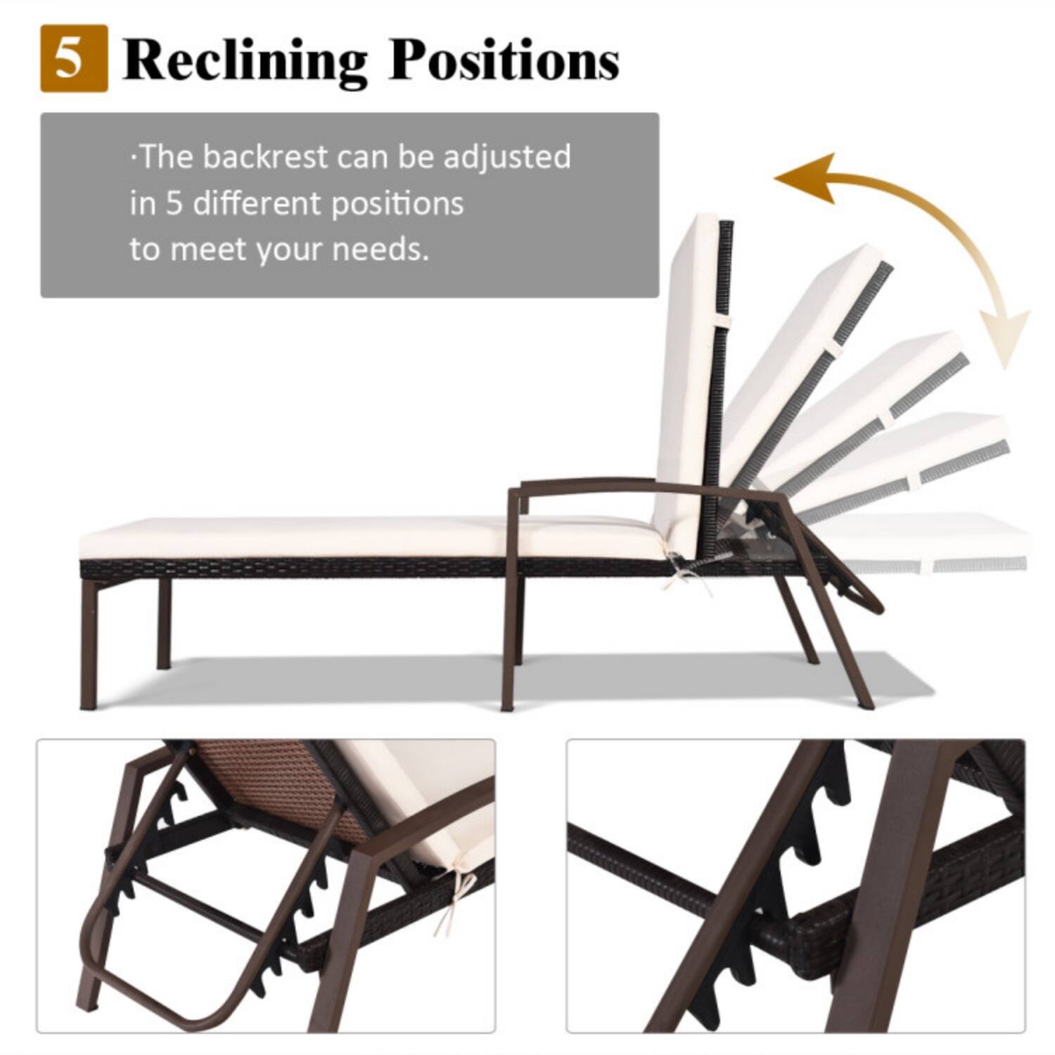 5 Reclining Positions

- The backrest can be adjusted in 5 different positions to meet your needs.