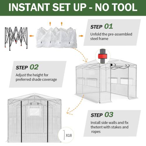 **INSTANT SET UP - NO TOOL**

**STEP 01**  
Unfold the pre-assembled steel frame

**STEP 02**  
Adjust the height for preferred shade coverage

**STEP 03**  
Install side walls and fix the tent with stakes and ropes

*Note: The text "X18" is likely a model or size designation and is included as it appears in the image.*