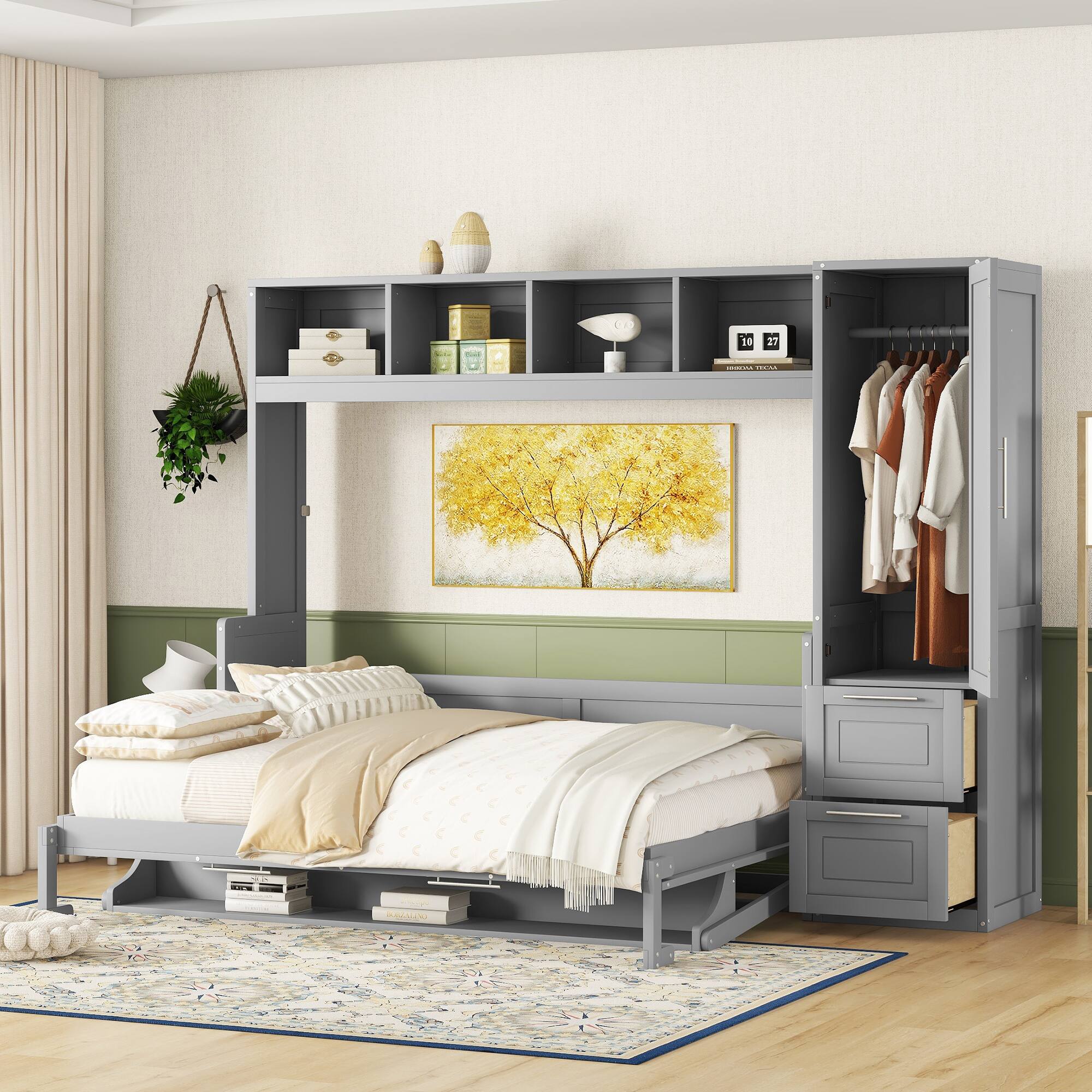Tiramisubest - Queen Size Murphy Bed with Closet and Drawers, Gray (112" L x 65" W x 79" H, 331 lbs) - Gray