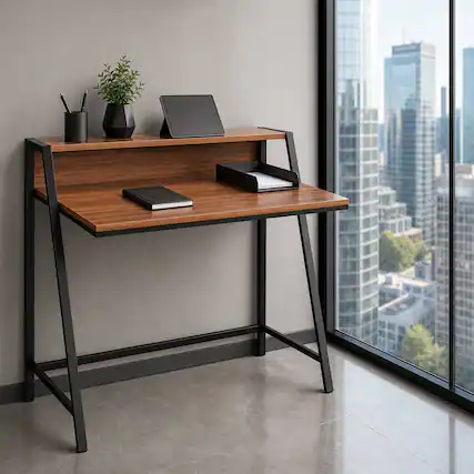 Front. WELLFOR - 31.5" 2 Tier Small Computer Desk PC Laptop Table, Computer Study Writing Workstation for Home Office - Walnut.