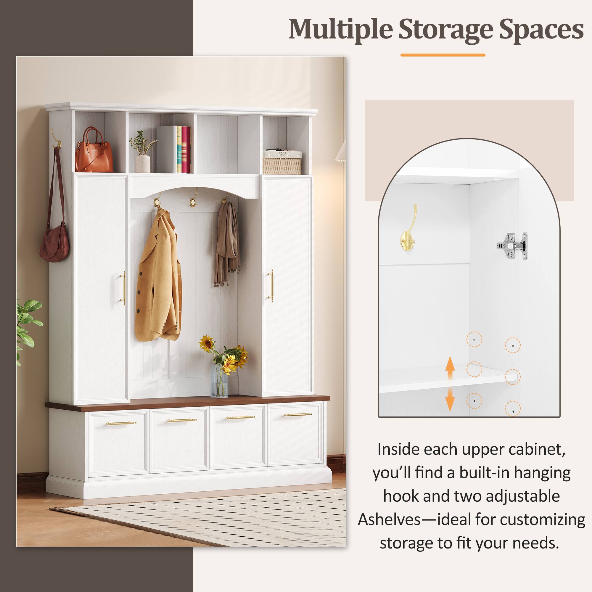 Multiple Storage Spaces

Inside each upper cabinet, you'll find a built-in hanging hook and two adjustable Ashelves—ideal for customizing storage to fit your needs.