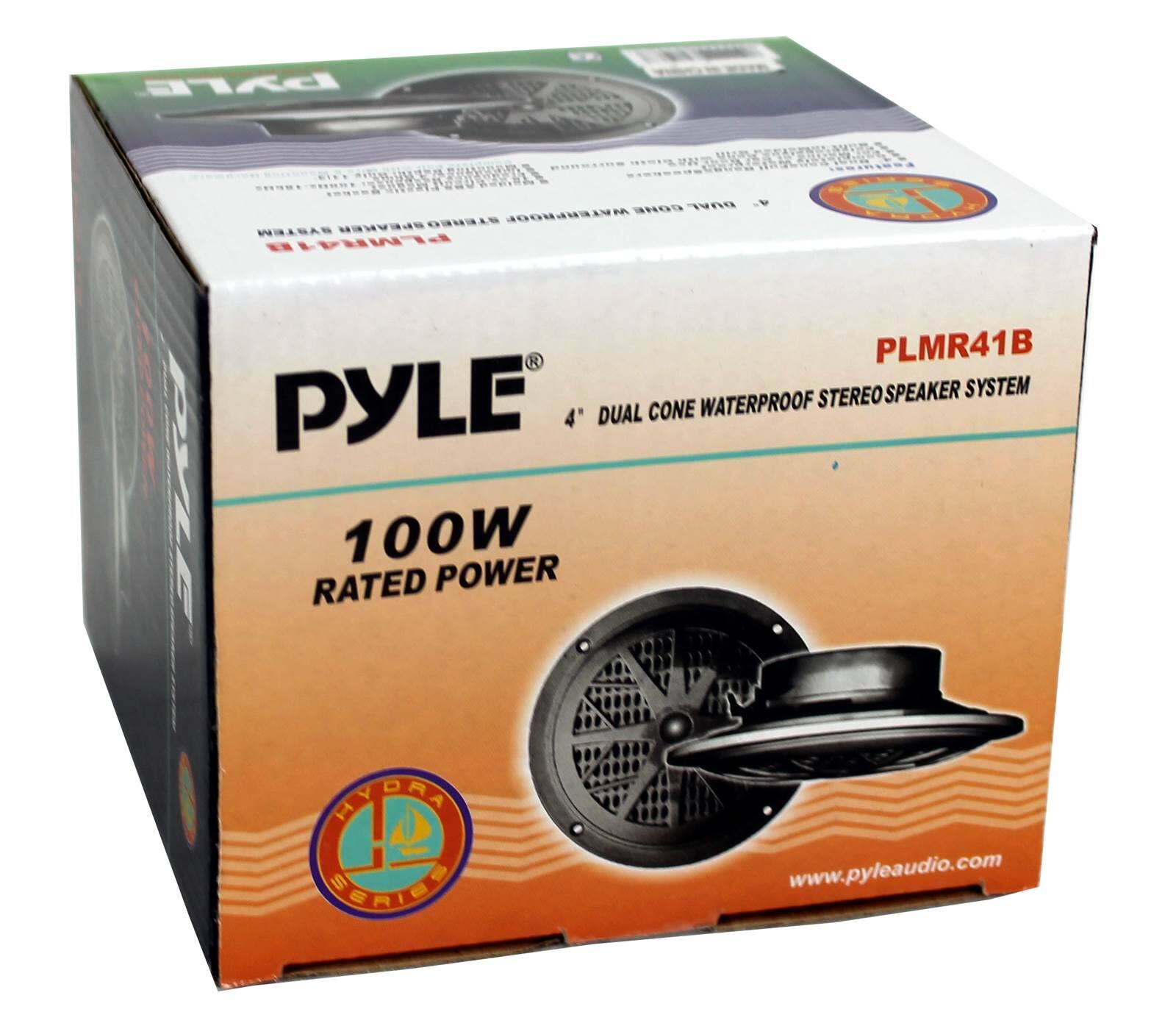 PYLE UAE Festiveet .I.. SI ESE SNSEE BUAL CORE STEREO WATERPROOF STEREO SPEAKER SYSTEM PYLE 4" DUAL CONE WATERPROOF STEREO SPEAKER SYSTEM PLMR418 PLMR41B 100W RATED POWER www.pyleaudio.com