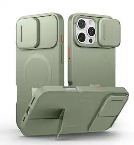 SURITCH - Bumper Case for iPhone 16 Pro Max with Camera Cover, Compatible with MagSafe,Kickstand, Shockproof Slim Protective Cover - Khaki Green