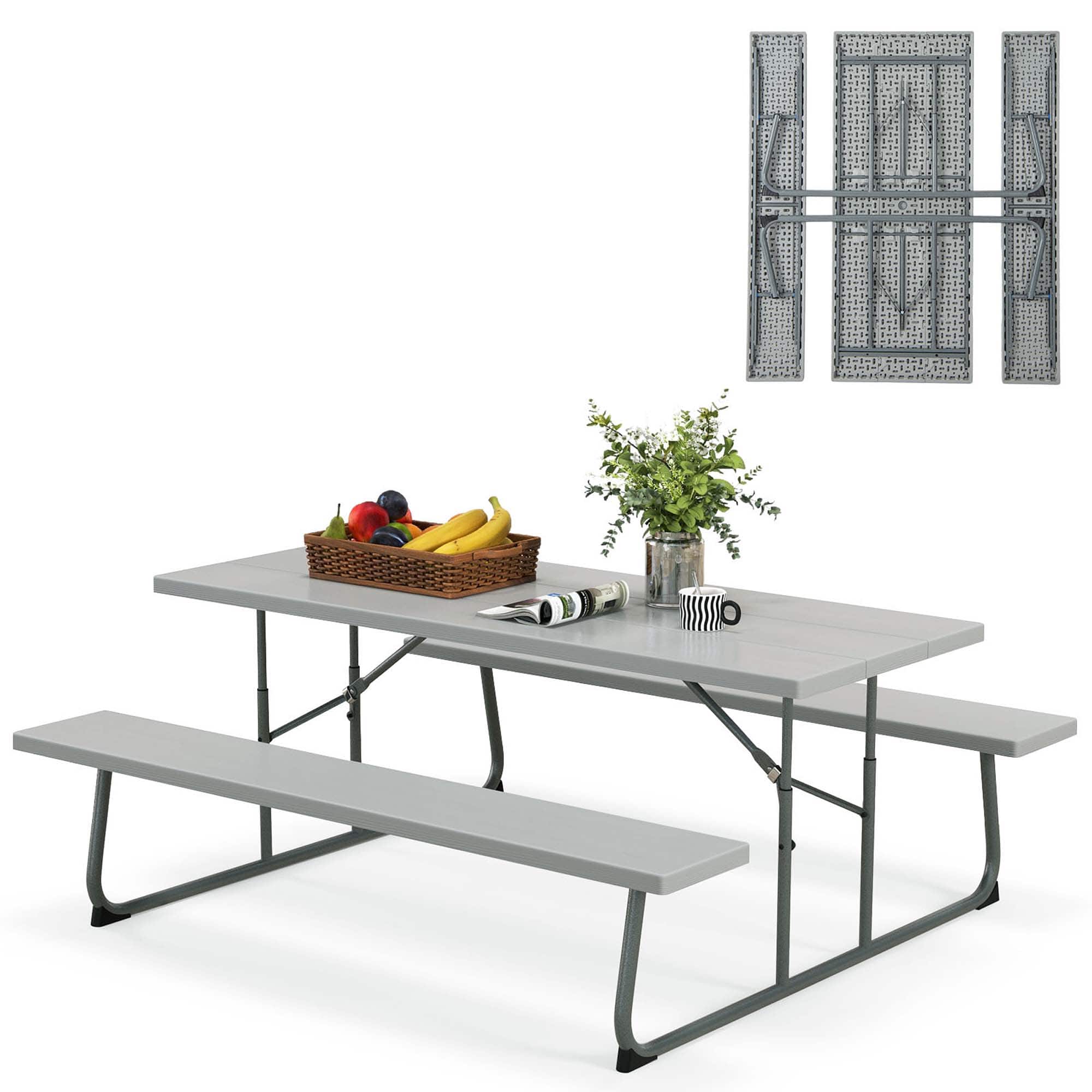 Costway - Folding Picnic Table with 2 Benches All Weather Wood-like Tabletop Umbrella Hole - Grey