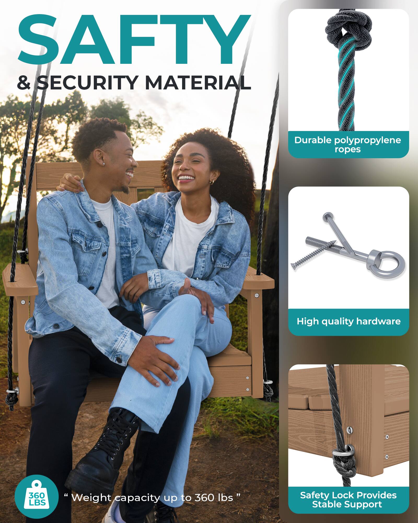 SAFETY & SECURITY MATERIAL

- Durable polypropylene ropes
- High quality hardware
- Weight capacity up to 360 lbs
- Safety Lock Provides Stable Support