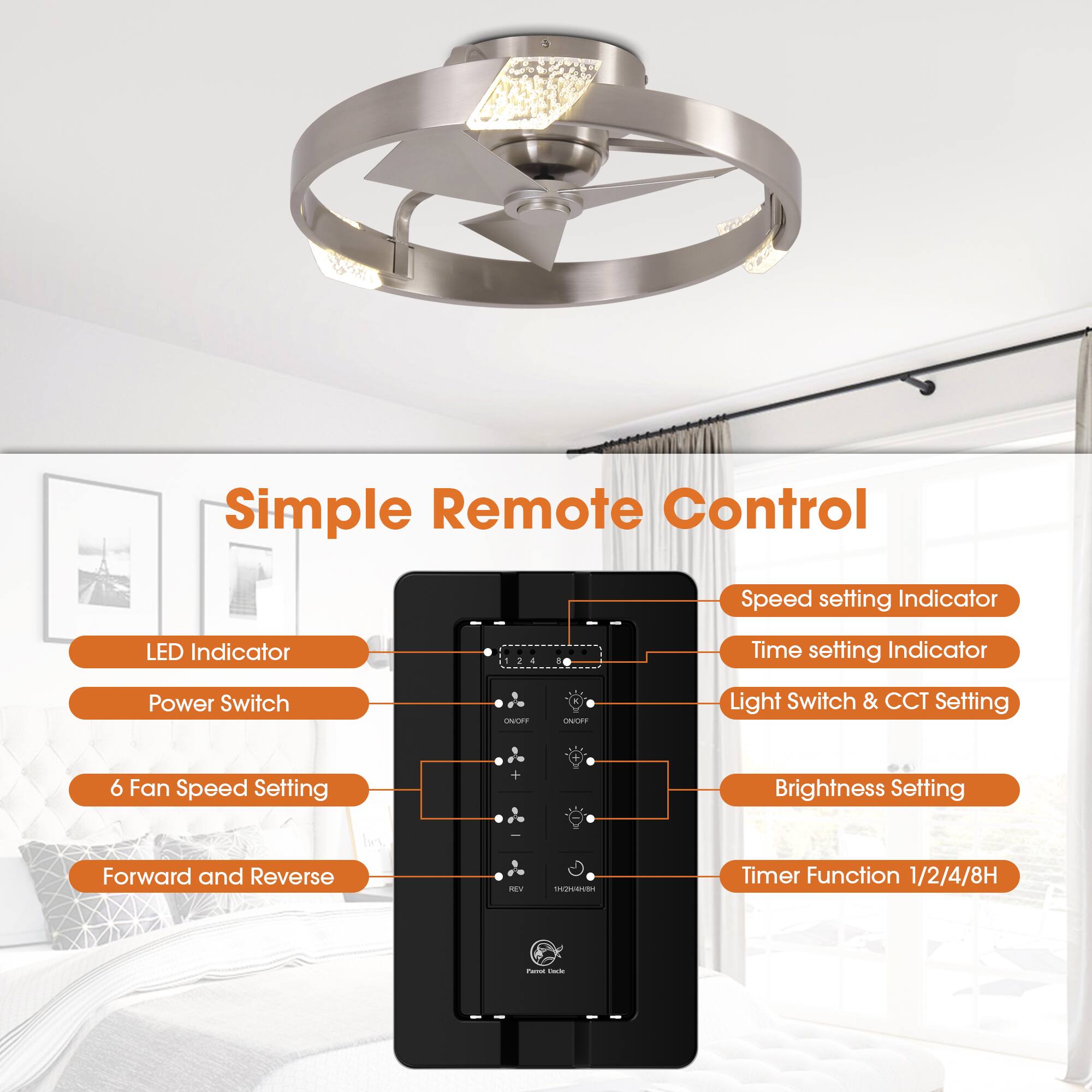 Simple Remote Control

- LED Indicator
- Power Switch
- 6 Fan Speed Setting
- Forward and Reverse
- Speed setting Indicator
- Time setting Indicator
- Light Switch & CCT Setting
- Brightness Setting
- Timer Function 1/2/4/8H
