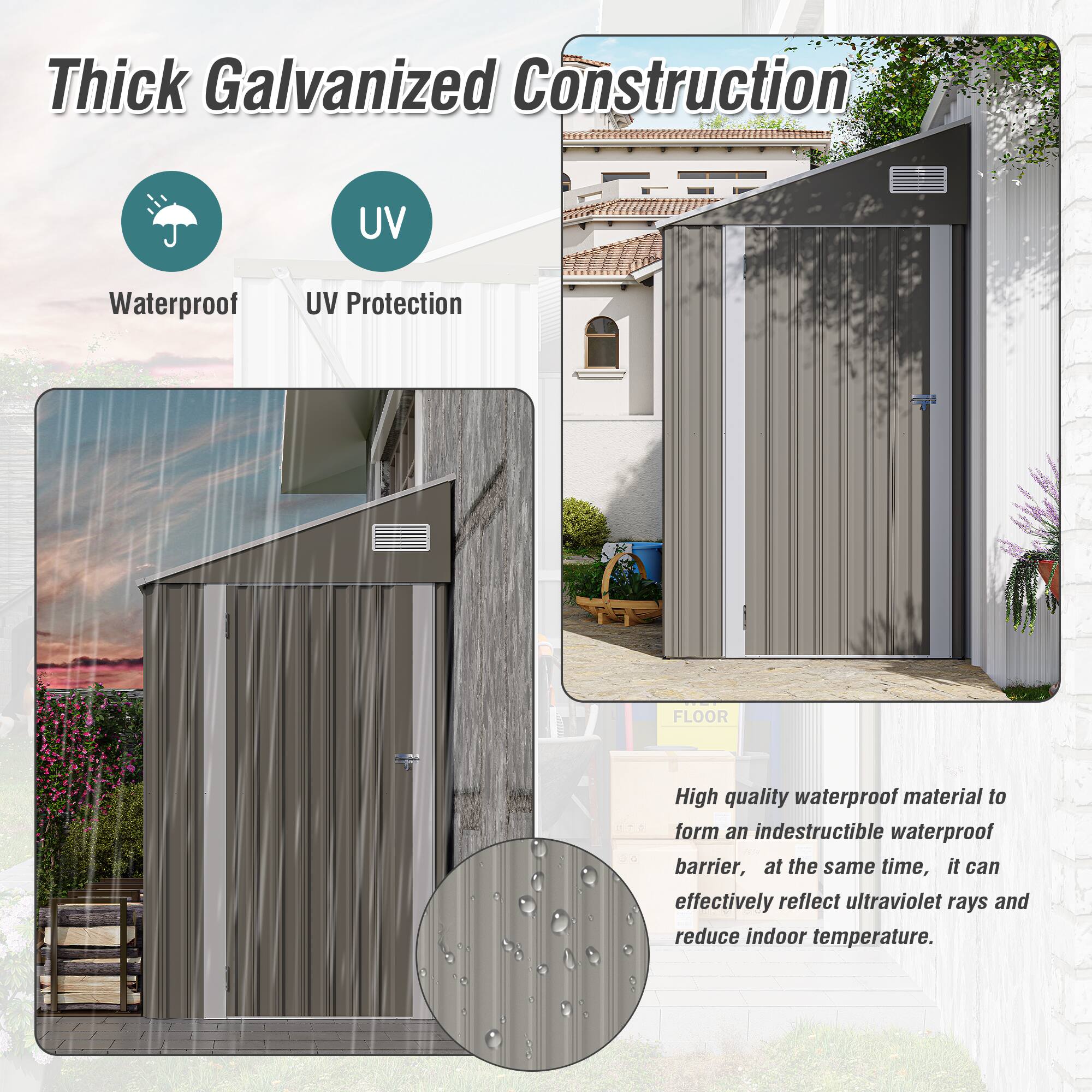 Thick Galvanized Construction

- Waterproof
- UV Protection

High quality waterproof material to form an indestructible waterproof barrier, at the same time, it can effectively reflect ultraviolet rays and reduce indoor temperature.
