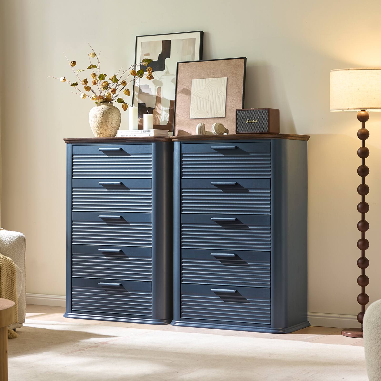 Left. Forest'nSky - Navy Blue Wood 5 drawer 31.5 in. Wide Chest of Drawers with Curved Profile Design for Living Room - Navy Blue.