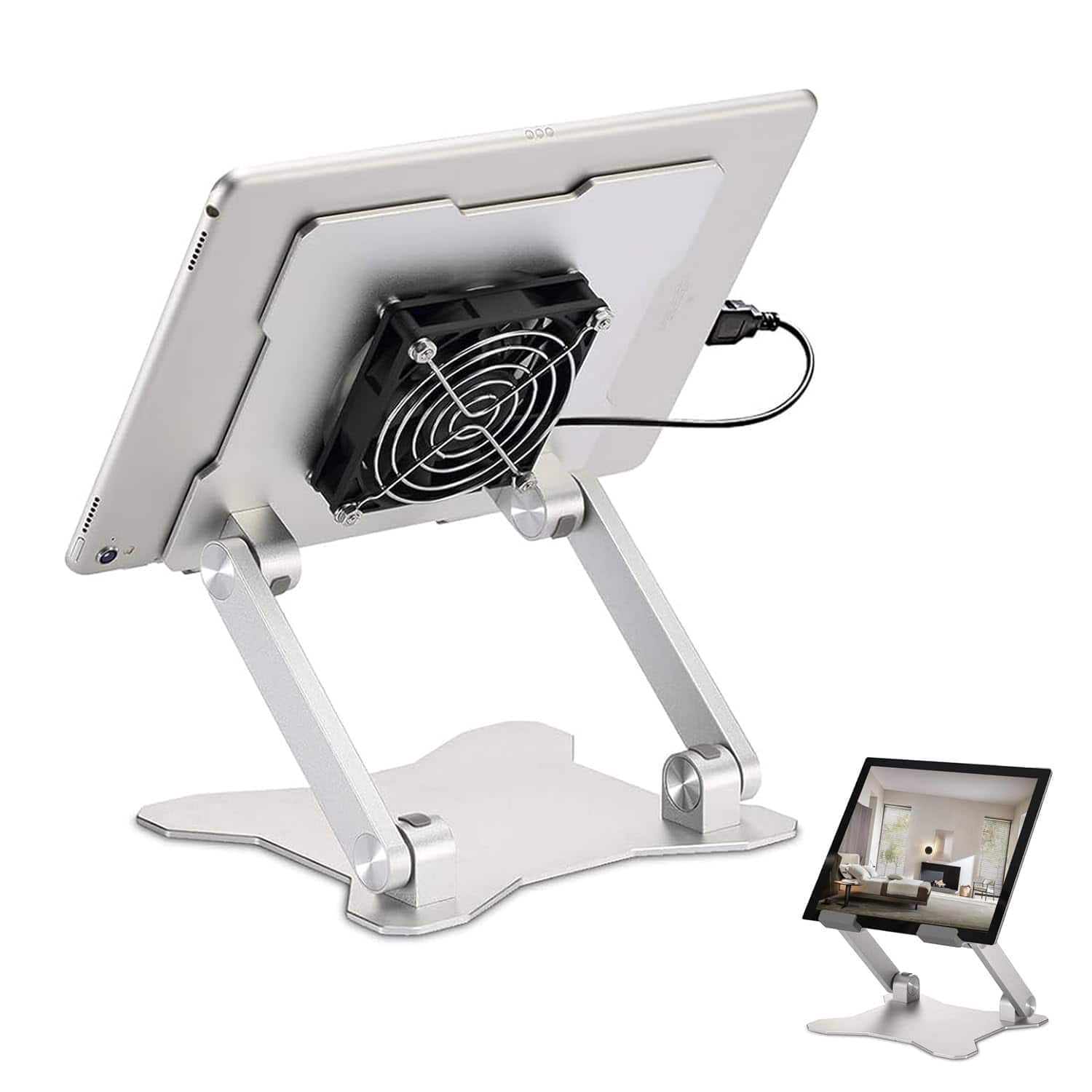 HongFei - Surface Pro Stand, iPad Cooler, Aluminum Cooling Pad, Sturdy Tablet Stand Holder with Quiet Fan for Tablets - Silver