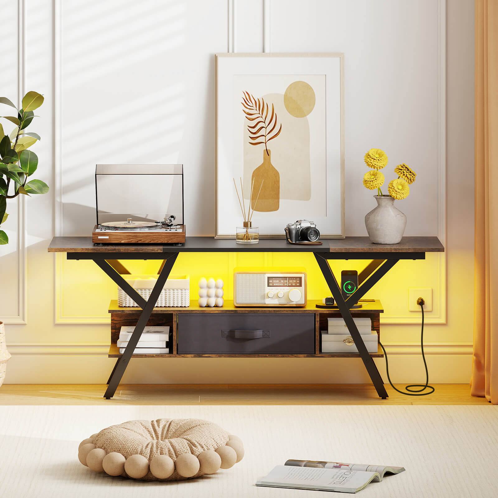 Alt View 4. Costway - Costway 3-Tier TV Stand with Power Outlets for 65" TVs, LED Lights & Remote Storage Shelves - Brown.