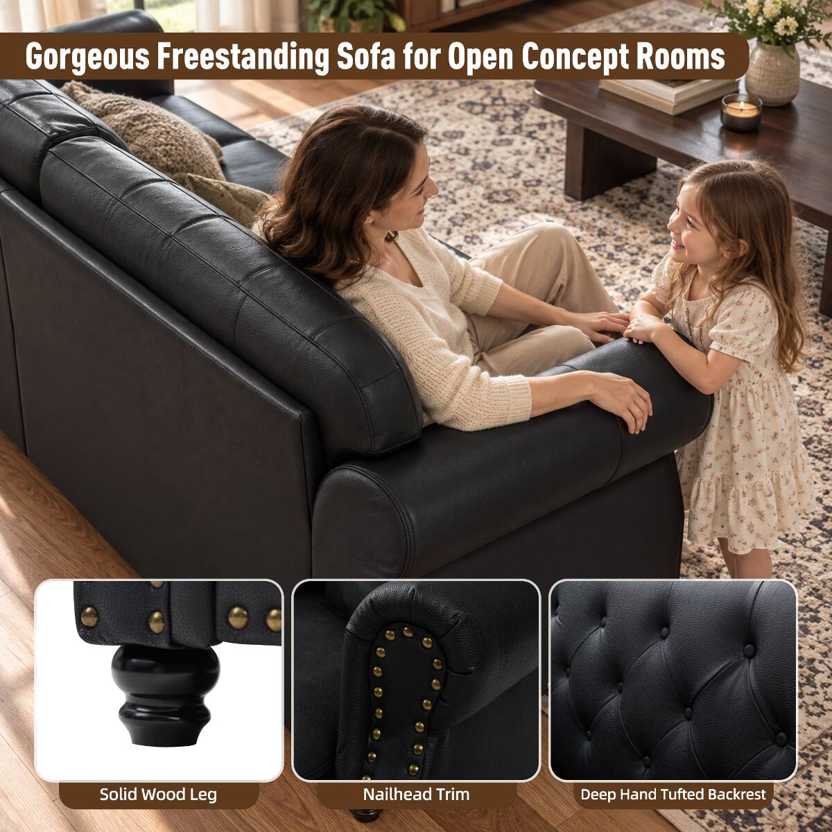 Gorgeous Freestanding Sofa for Open Concept Rooms

- Solid Wood Leg
- Nailhead Trim
- Deep Hand Tufted Backrest