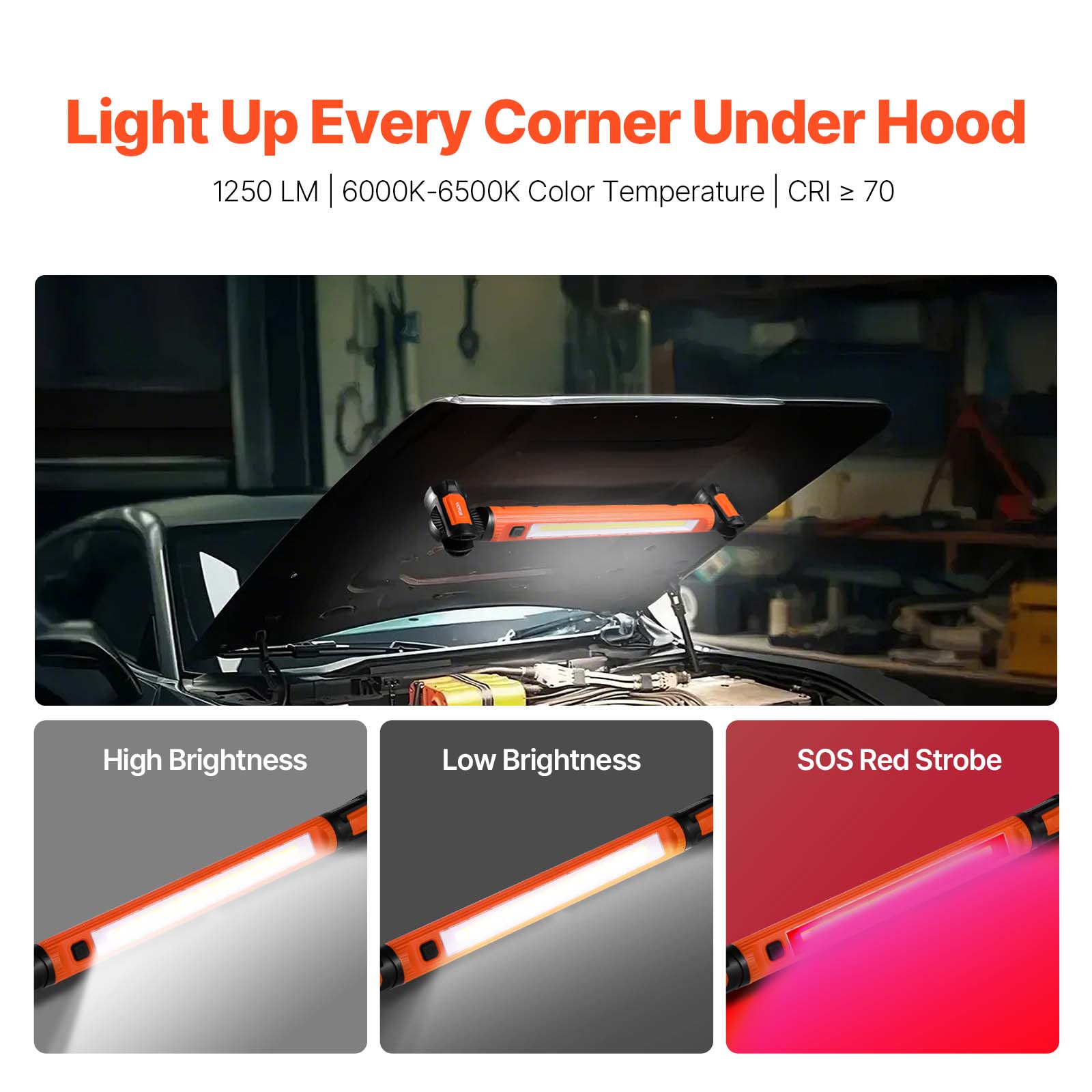 Light Up Every Corner Under Hood  
1250 LM | 6000K-6500K Color Temperature | CRI ≥ 70  

High Brightness  
Low Brightness  
SOS Red Strobe