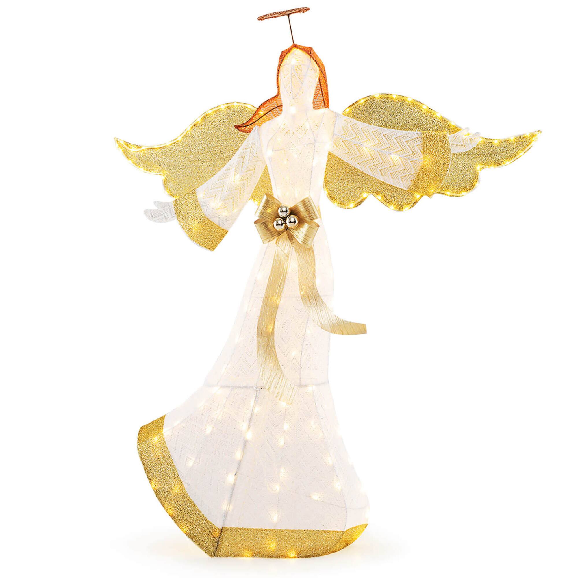 Front. Costway - Costway 5.2 FT Lighted Angel with Halo & Bow Zip Ties & Ground Stakes 180 LED Lights - Yellow.