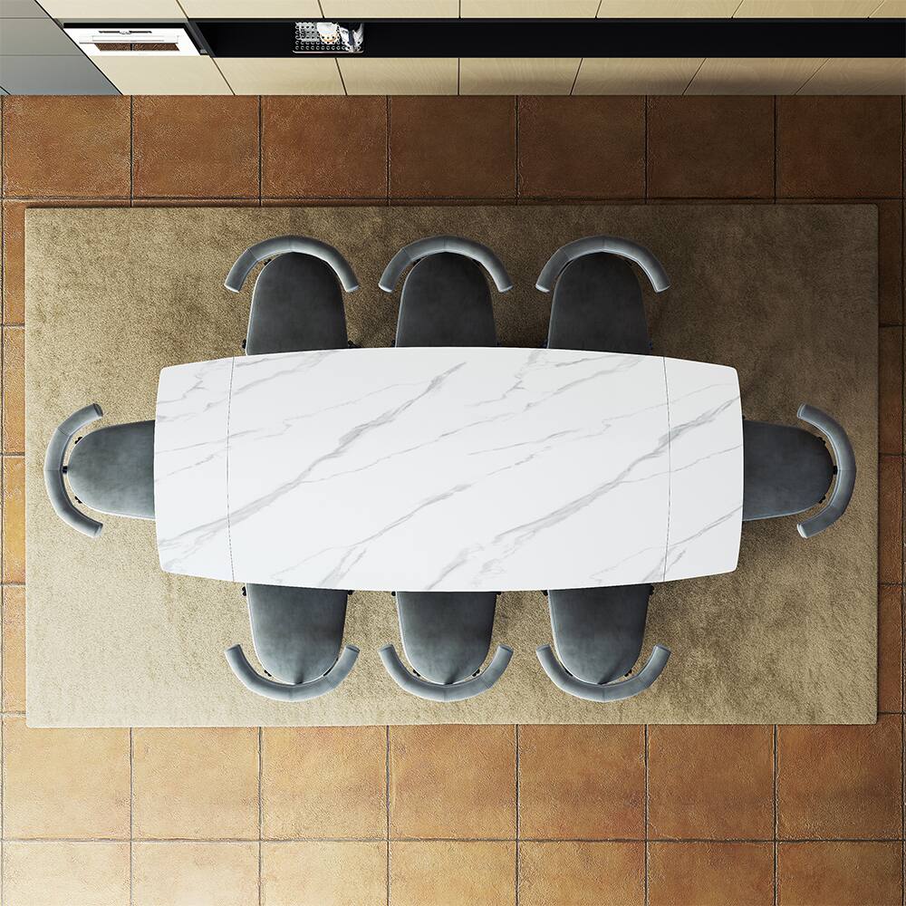 Alt View 8. POVISON - 71"-95"Extendable Modern White Dining Table for 6-10, Rectangular Glossy Sintered Stone Tabletop, Gray Carbon Steel Leg - Glossy White Sintered Stone with Gray.