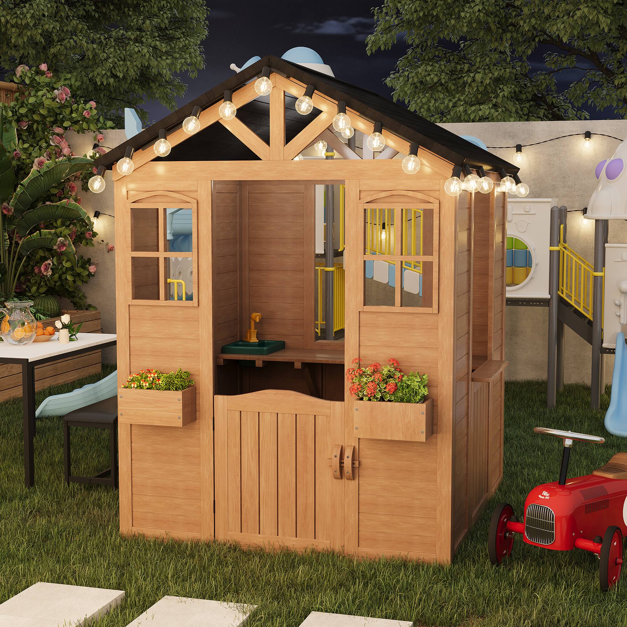 Alt View 6. U-HOMY - Wooden Playhouse for Kids with Door & Windows - Wood.