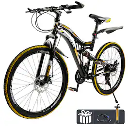 Topteng - 26" Mountain Bike for Adult - Shimano 21 Speed, Full Suspension,Thumb Shifter,Dual Disc Brakes Bike for Men/Women - Yellow
