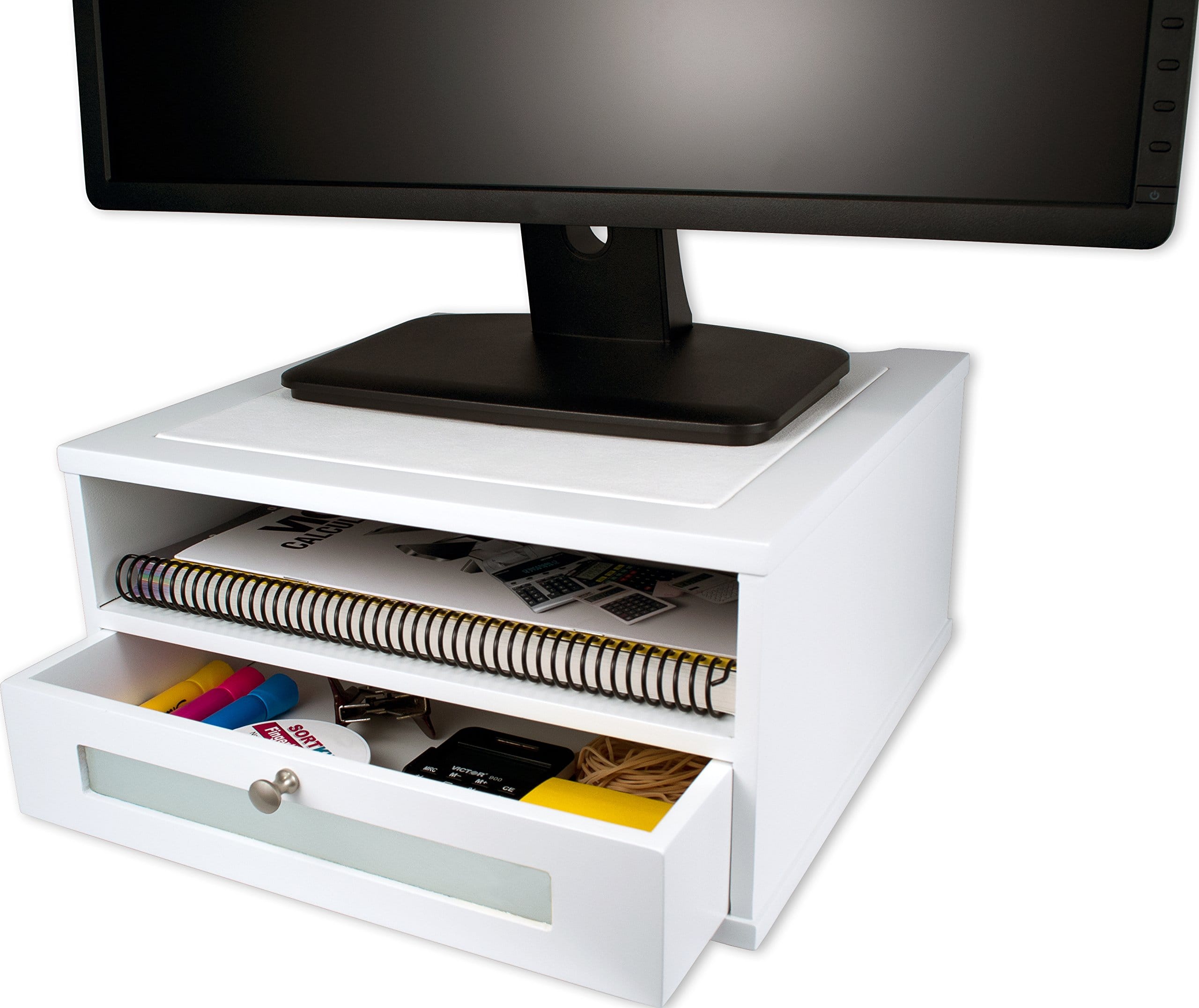 Victor - Wood Monitor Riser W1175, Drawer, Open Shelf, Cable Management, Faux Leather Top, 13 x 13 x 6.5 in - Pure White