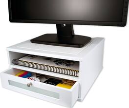 Victor - Wood Monitor Riser W1175, Drawer, Open Shelf, Cable Management, Faux Leather Top, 13 x 13 x 6.5 in - Pure White
