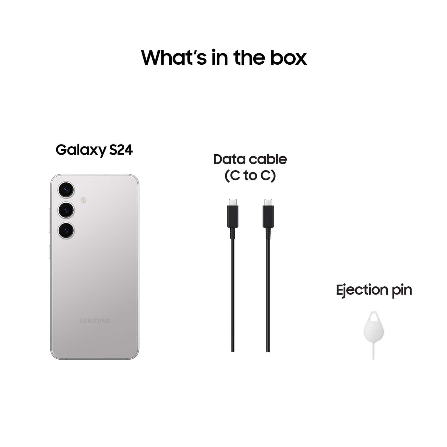 The image features a Samsung Galaxy S24 phone with a data cable and an ejection pin. The phone is displayed in the foreground, while the data cable and ejection pin are shown in the background. The data cable is connected to the phone, indicating that it is being charged or data is being transferred. The ejection pin is a small tool used to remove the battery from the phone. The image suggests that the box contains these accessories for the phone.