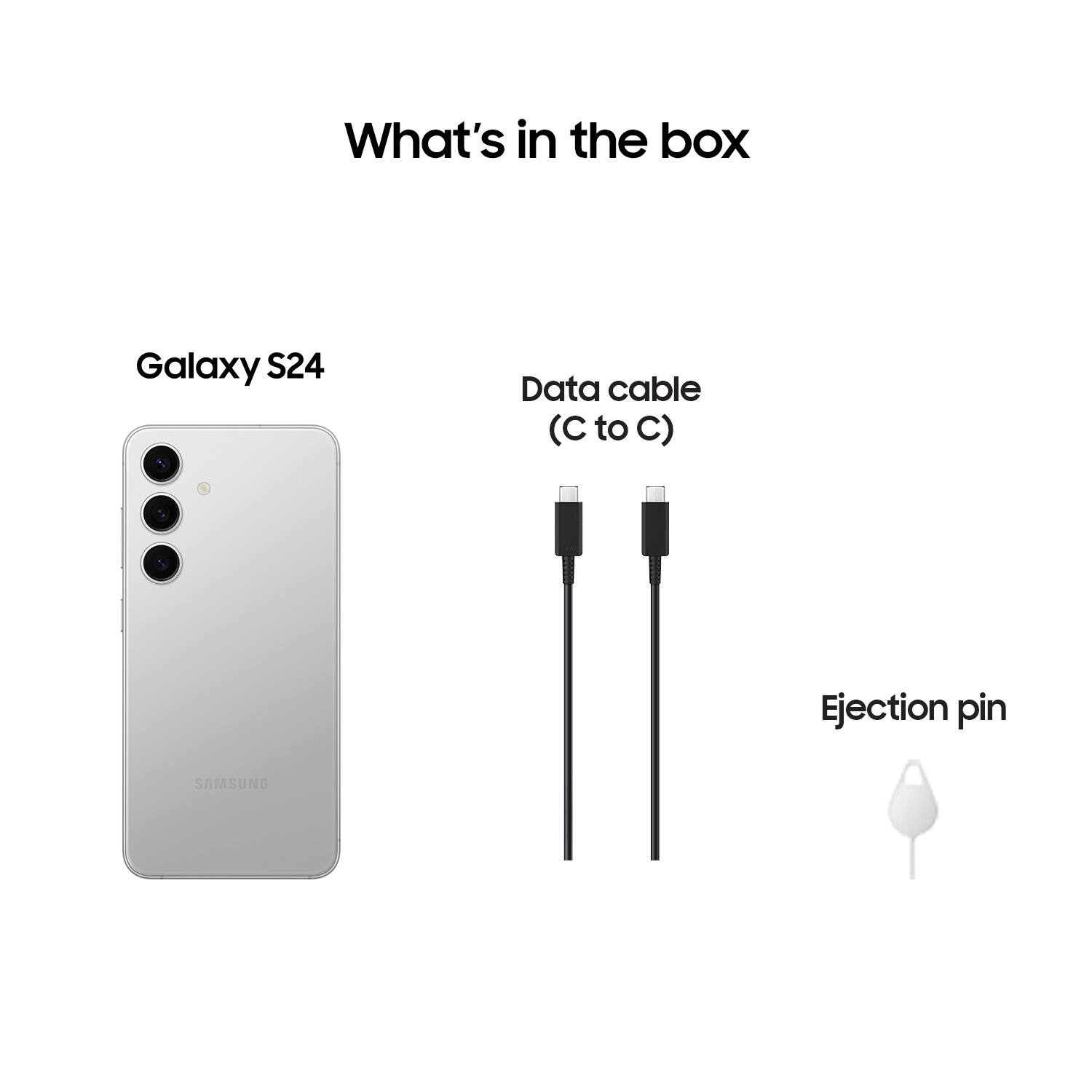 The image features a Samsung Galaxy S24 phone with a data cable and an ejection pin. The phone is displayed in the foreground, while the data cable and ejection pin are shown in the background. The data cable is connected to the phone, indicating that it is being charged or data is being transferred. The ejection pin is a small tool used to remove the battery from the phone. The image suggests that the box contains these accessories for the phone.