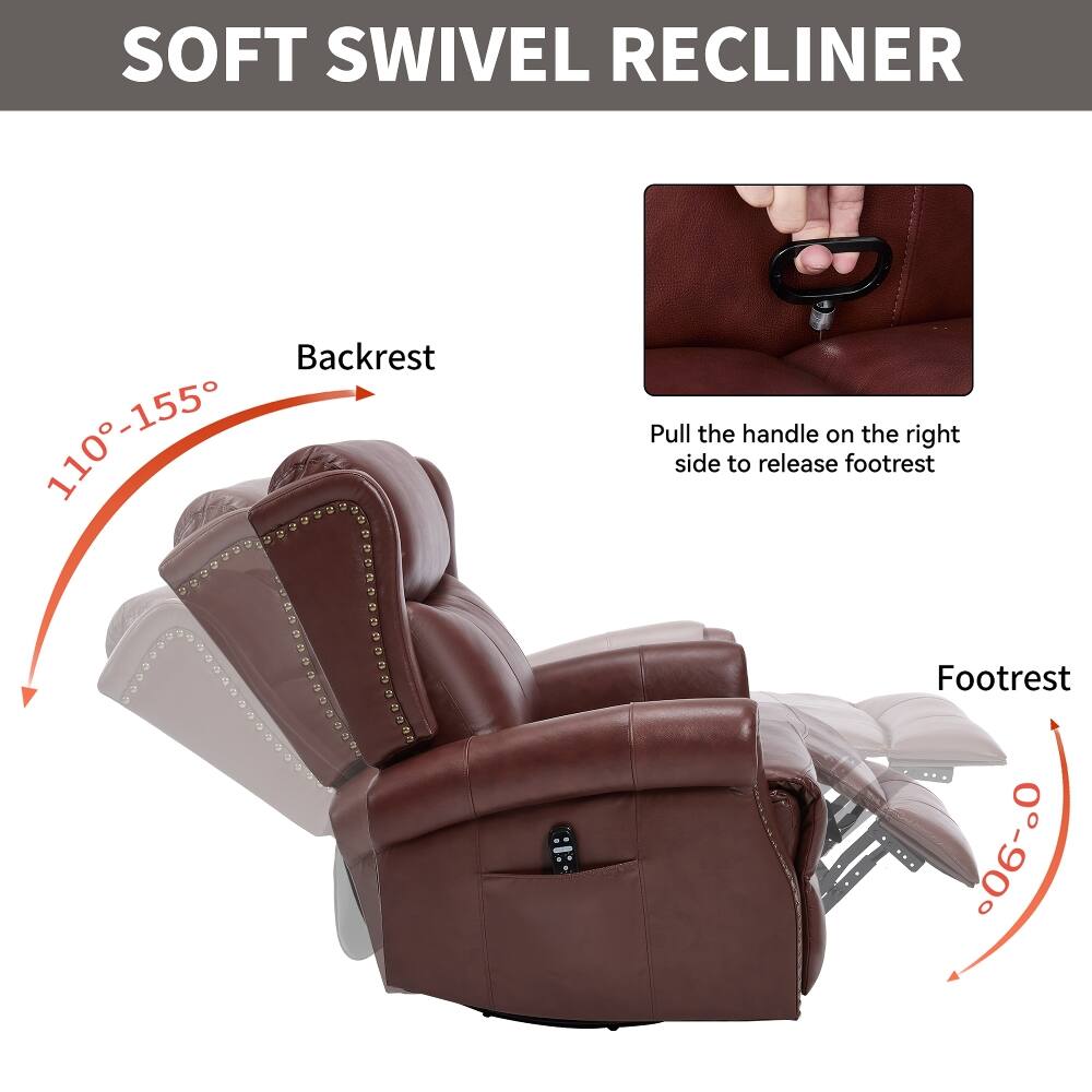 SOFT SWIVEL RECLINER

Backrest 110-155°

Pull the handle on the right side to release footrest

Footrest 0-90°