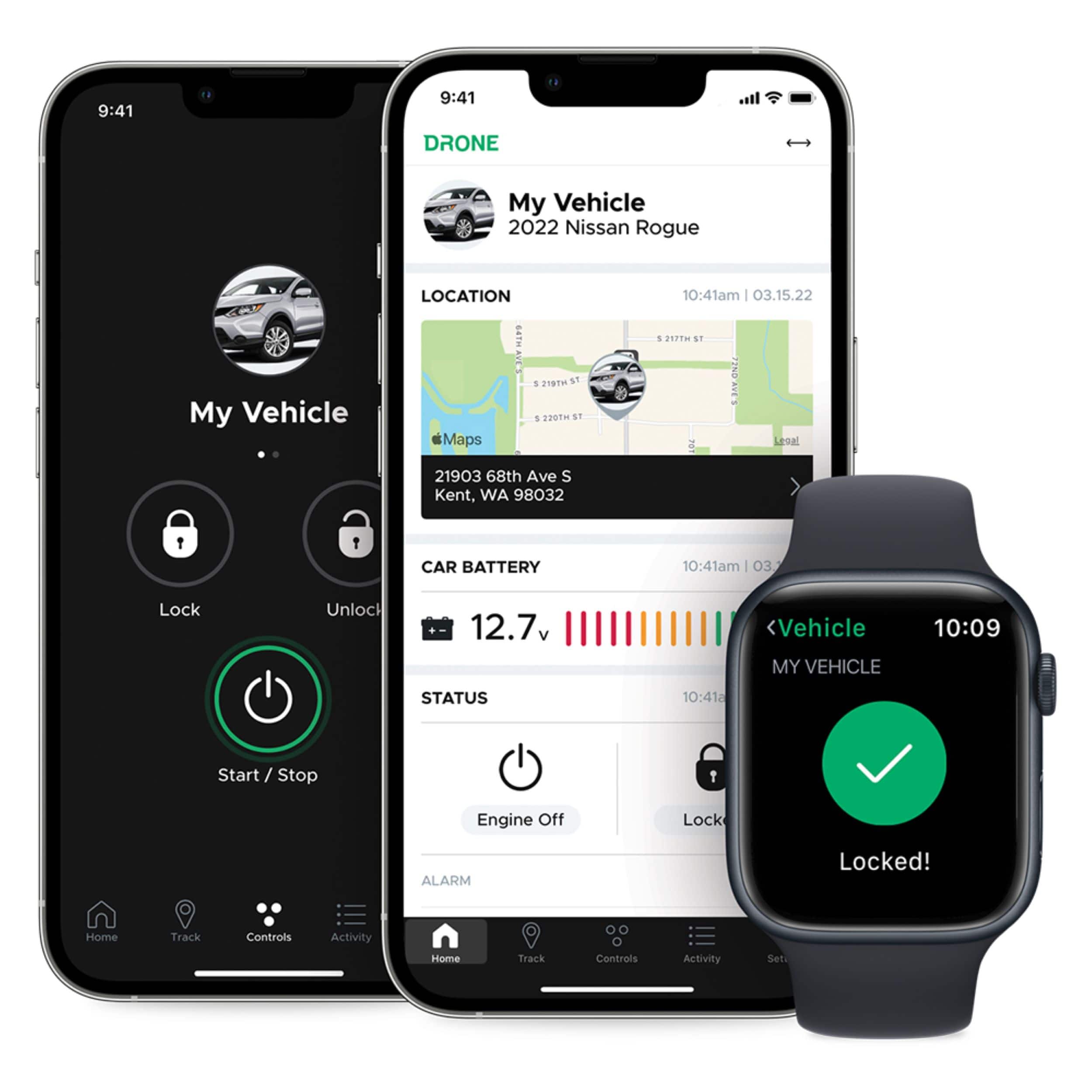 Group:
* My Vehicle
* LOCATION
* GETH AYLT 1 209TH 7 1 2201m A Maps
* 10:41am | 03.15.22 + 121W 11 | Lenal 5 21903 68th Ave S Kent, WA 98032
* CAR BATTERY
* 10:41am | 03 Lock Unlock 12.7 <Vehicle
* MY VEHICLE
* 10:09 STATUS
* 10:41a Start / Stop Engine Off Lock
* ALARM Locked!
* Home Track Controls Activity
* Home Track Controls Activity
* Set
Corrected text:
* My Vehicle
* LOCATION
* GETH AYLT 1 209TH 7 1 2201m A Maps
* 10:41am | 03.15.22 + 121W 11 | Lenal 5 21903 68th Ave S Kent, WA 98032
* CAR BATTERY
* 10:41am | 03 Lock Unlock 12.7 <Vehicle
* MY VEHICLE
* 10:09 STATUS
* 10:41a Start / Stop Engine Off Lock
* ALARM Locked!
* Home Track Controls Activity
* Set