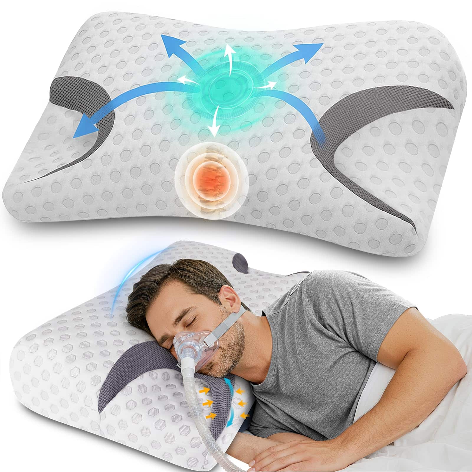 Fabibe - Cpap Pillow For Side Sleepers - Fits All Mask Types Adjustable Memory Foam With Contoured Cutouts & Reduces Air - White-Large-25.2"Lx14.9"Wx(4.7"/4.1")H