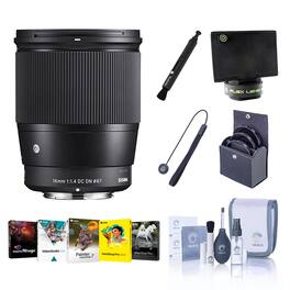 Sigma - 16mm f/1.4 DC DN Contemporary Lens for Sony E, Bundle with ProOptic 67mm Filters, Cleaning Kit, Cap Tether, Flex