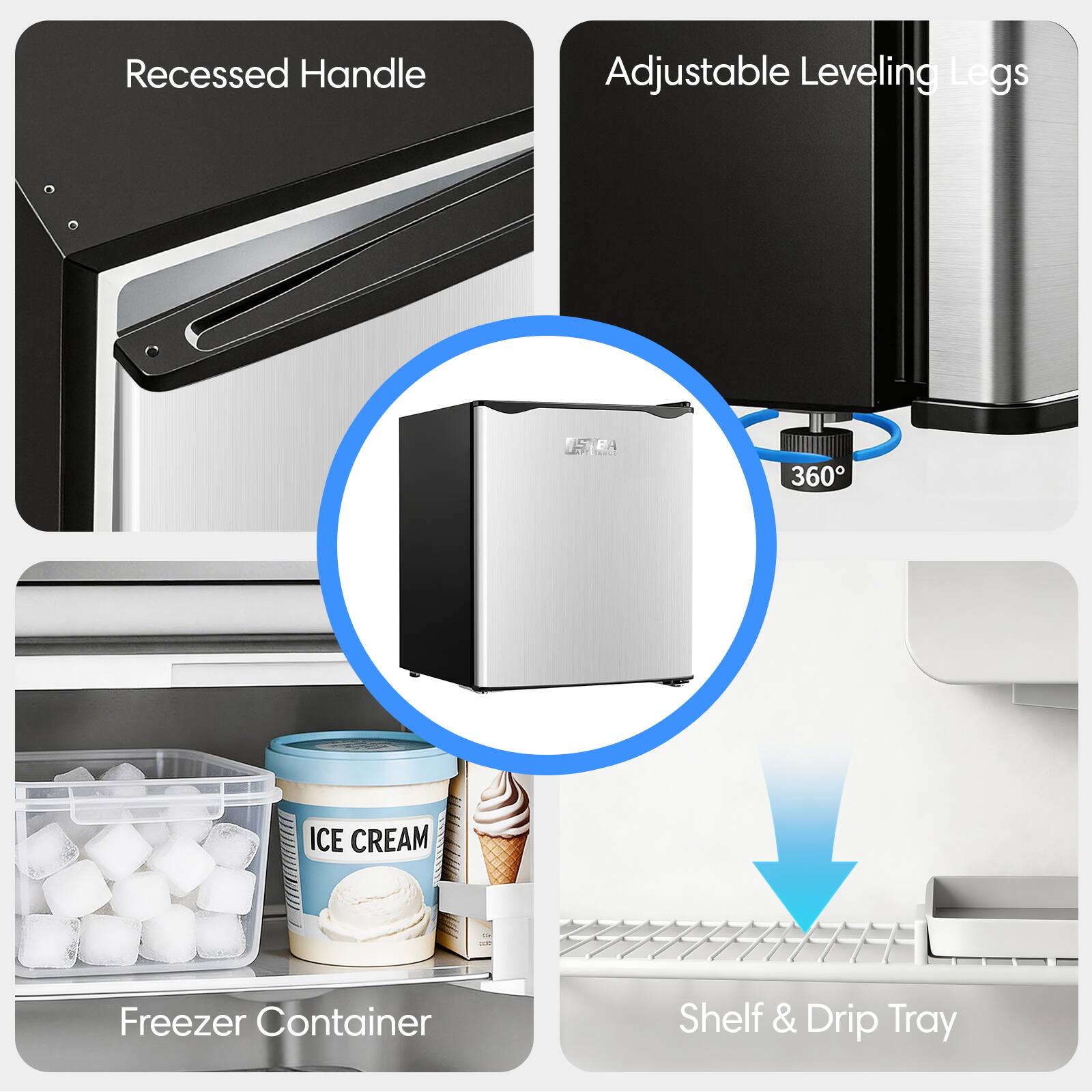 Recessed Handle Adjustable Leveling Legs 360° ICE CREAM Freezer Container Shelf & Drip Tray